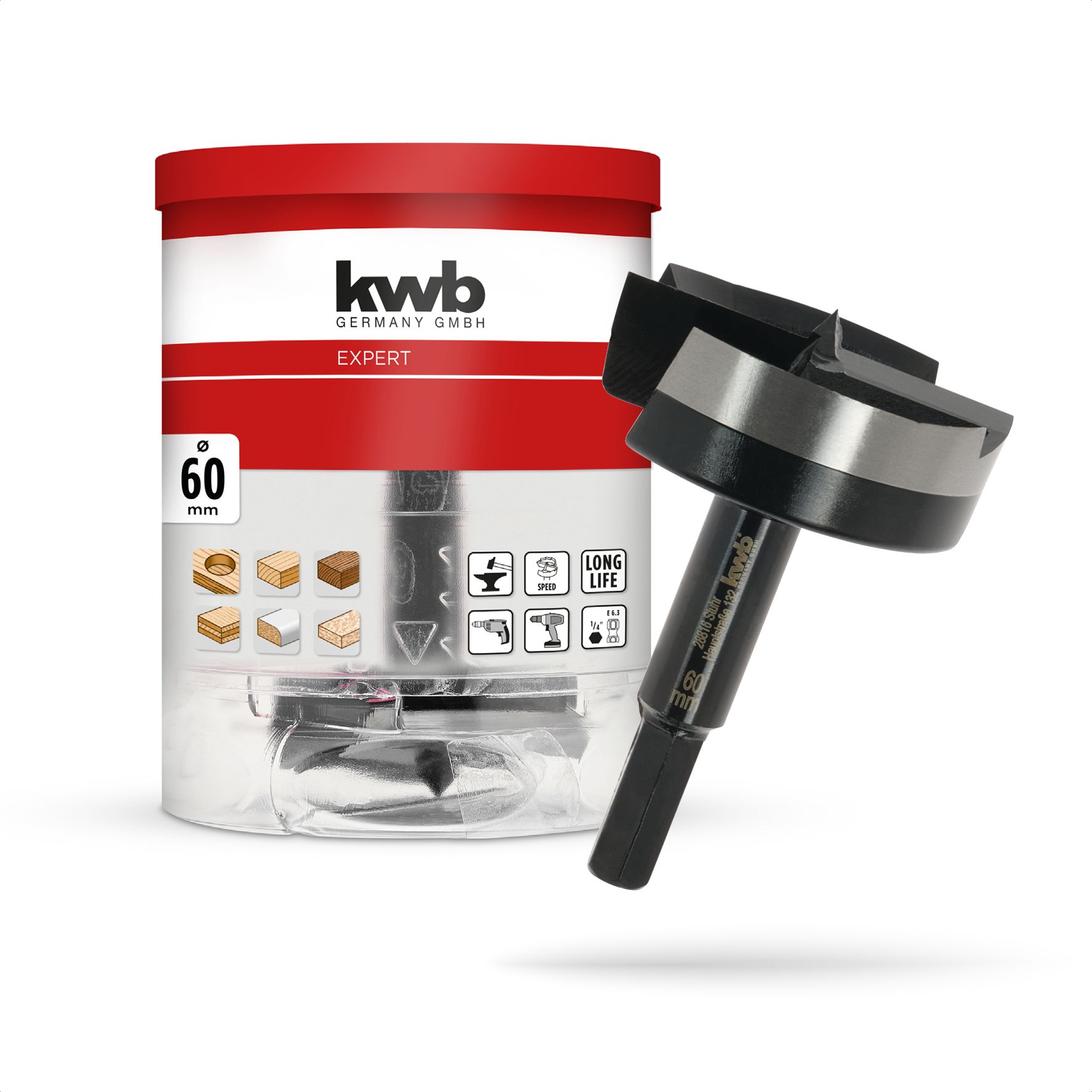 kwb Forstnerbohrer, &Oslash; 60 mm, Topfbohrer (f&uuml;r Holz, geschmiedeter Bohrkopf, Spezialanschliff, schnelle, ausrissfreie Bohrl&ouml;cher, 4-seitig geschliffene Zentrierspitze, f&uuml;r Akkuschrauber & Bohrmaschinen) 