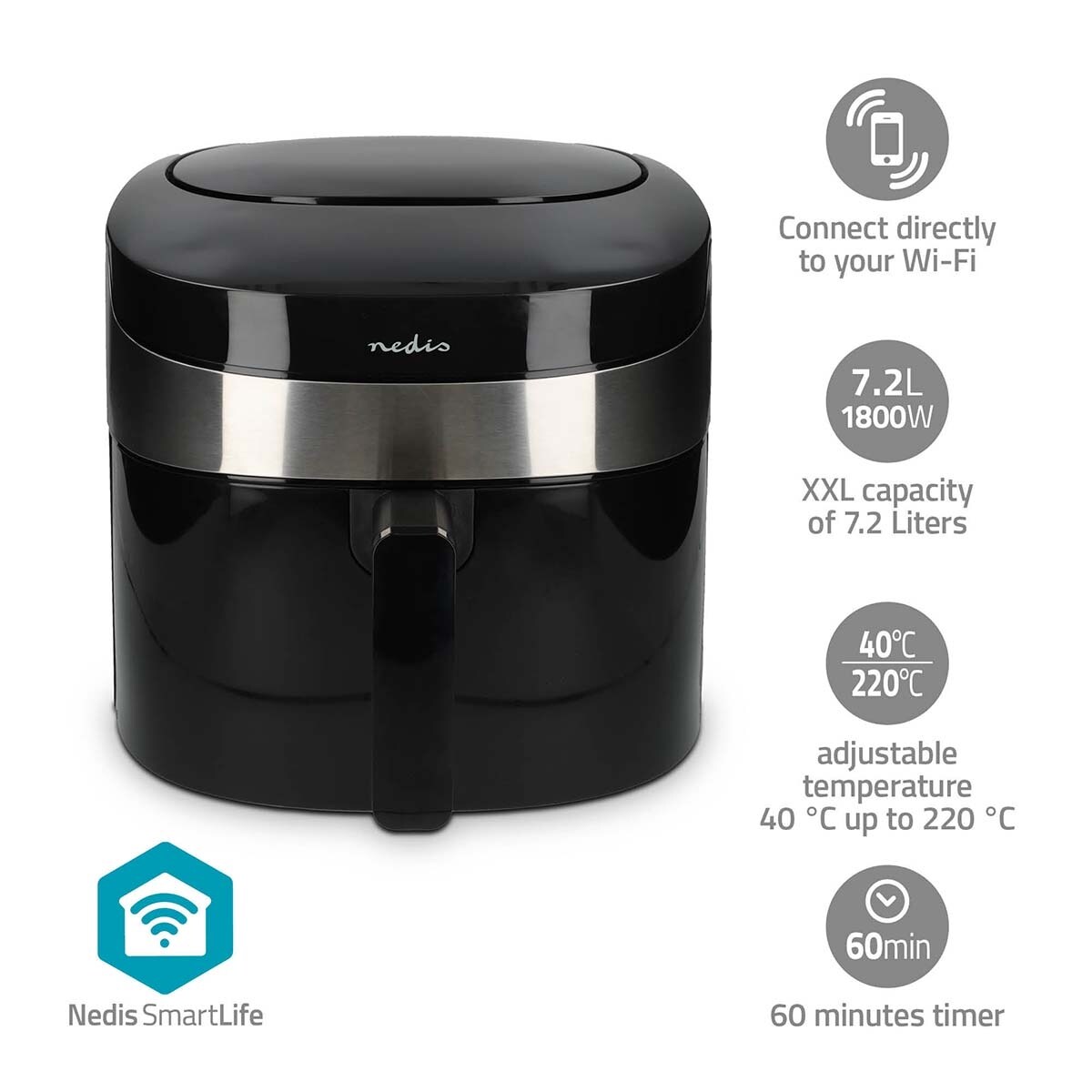 SmartLife Heißluftfritteuse   Wi-Fi      Timer: 240 min   Anzahl voreingestellter Programme: 8   Digital   Android™ / IOS   Schwarz