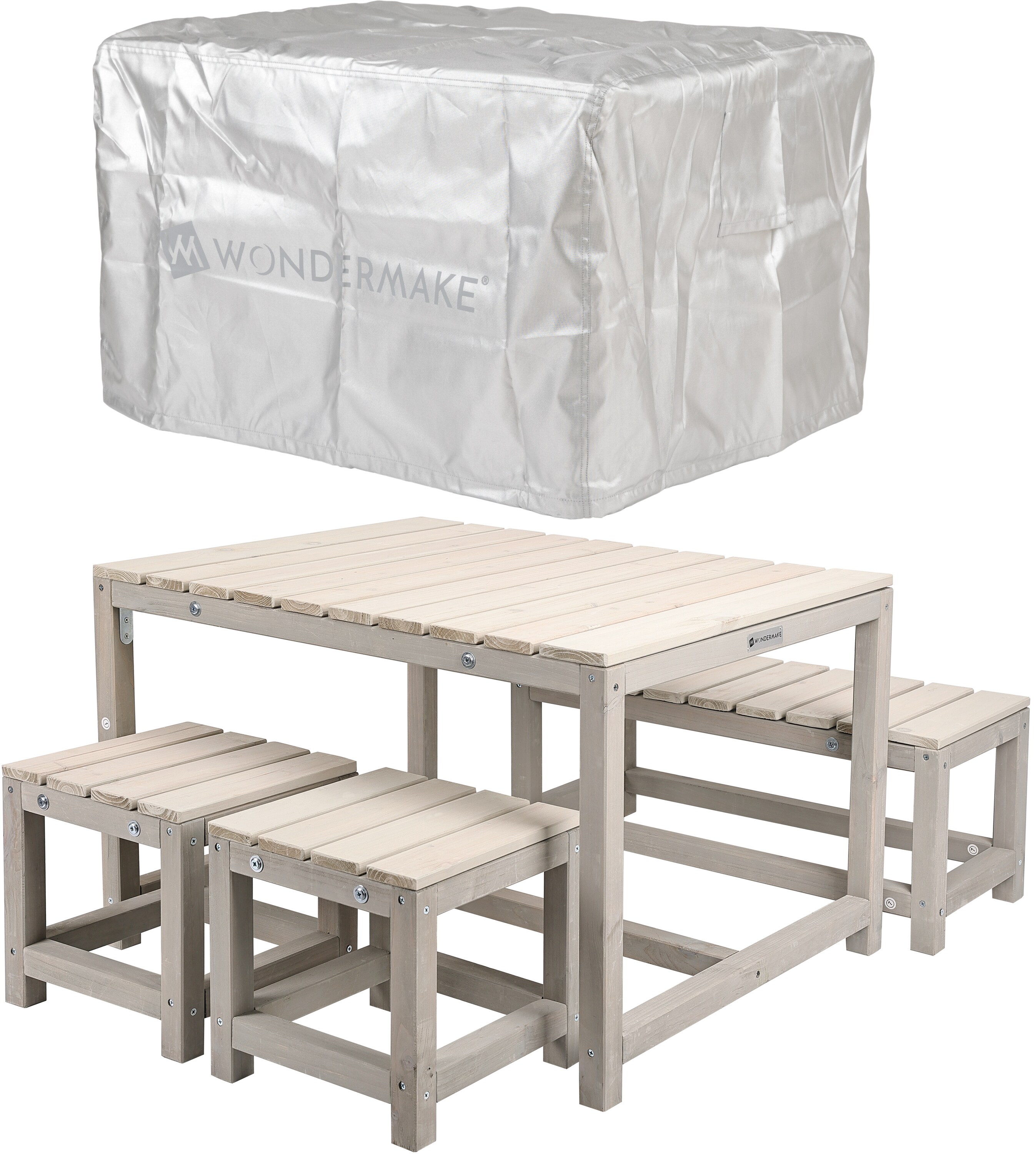 WONDERMAKE&reg; Design Kindersitzgruppe Outdoor Garten Holz mit Abdeckung, Kinder-Sitzgarnitur Indoor Picknick-Gruppe ab 3 Jahre, beige grau 