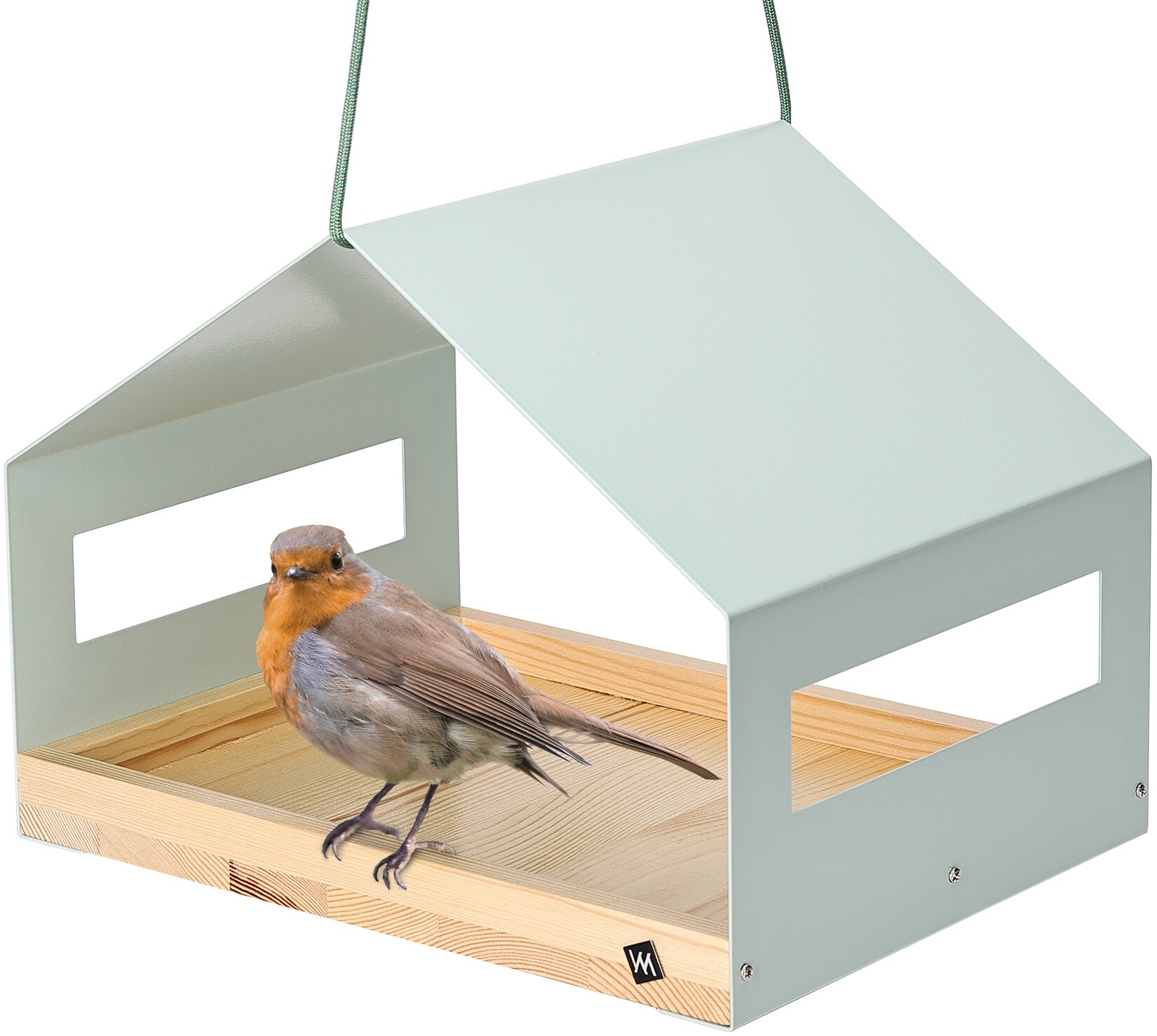Großes Design Vogelhaus aus Metall und Holz wetterfest zum Aufhängen, modernes Vogelfutterhaus XL Metalldach hängend, Vogelhäuschen Futterhaus für Vögel, Edelstahl Kiefer, türkis-grau mint