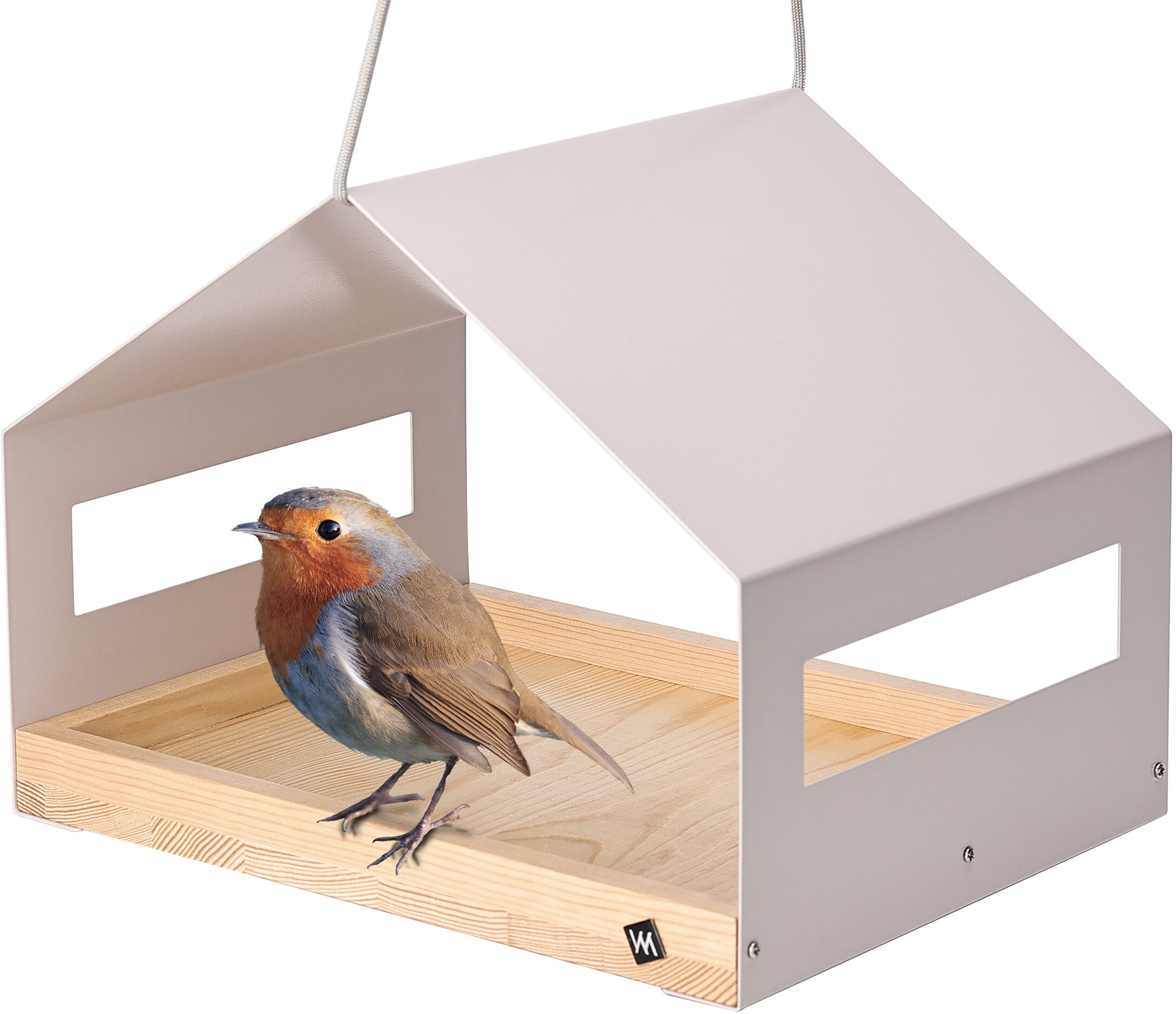 WONDERMAKE&reg; Gro&szlig;es Design Vogelhaus aus Metall und Holz wetterfest zum Aufh&auml;ngen, modernes Vogelfutterhaus XL Metalldach h&auml;ngend, Vogelh&auml;uschen Futterhaus f&uuml;r V&ouml;gel, Edelstahl Kiefer, grau-beige 