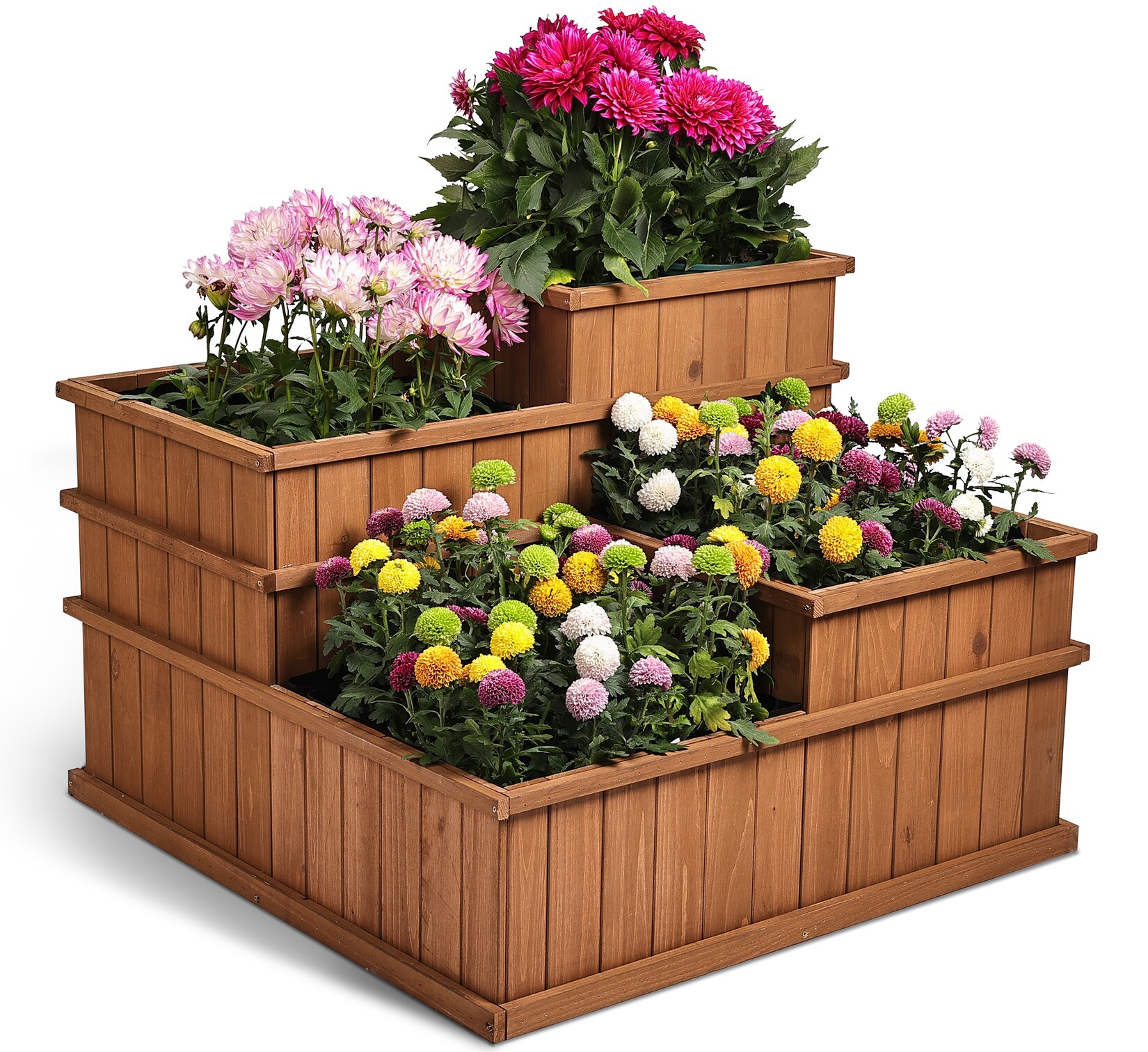 Multi Hochbeet mit 4 Pflanzkästen quadratisch aus Holz für Garten Balkon Terrasse, 4er Pflanzbeet Blumenbeet niedrig mit Folie, 81 x 81 x 61 cm, braun