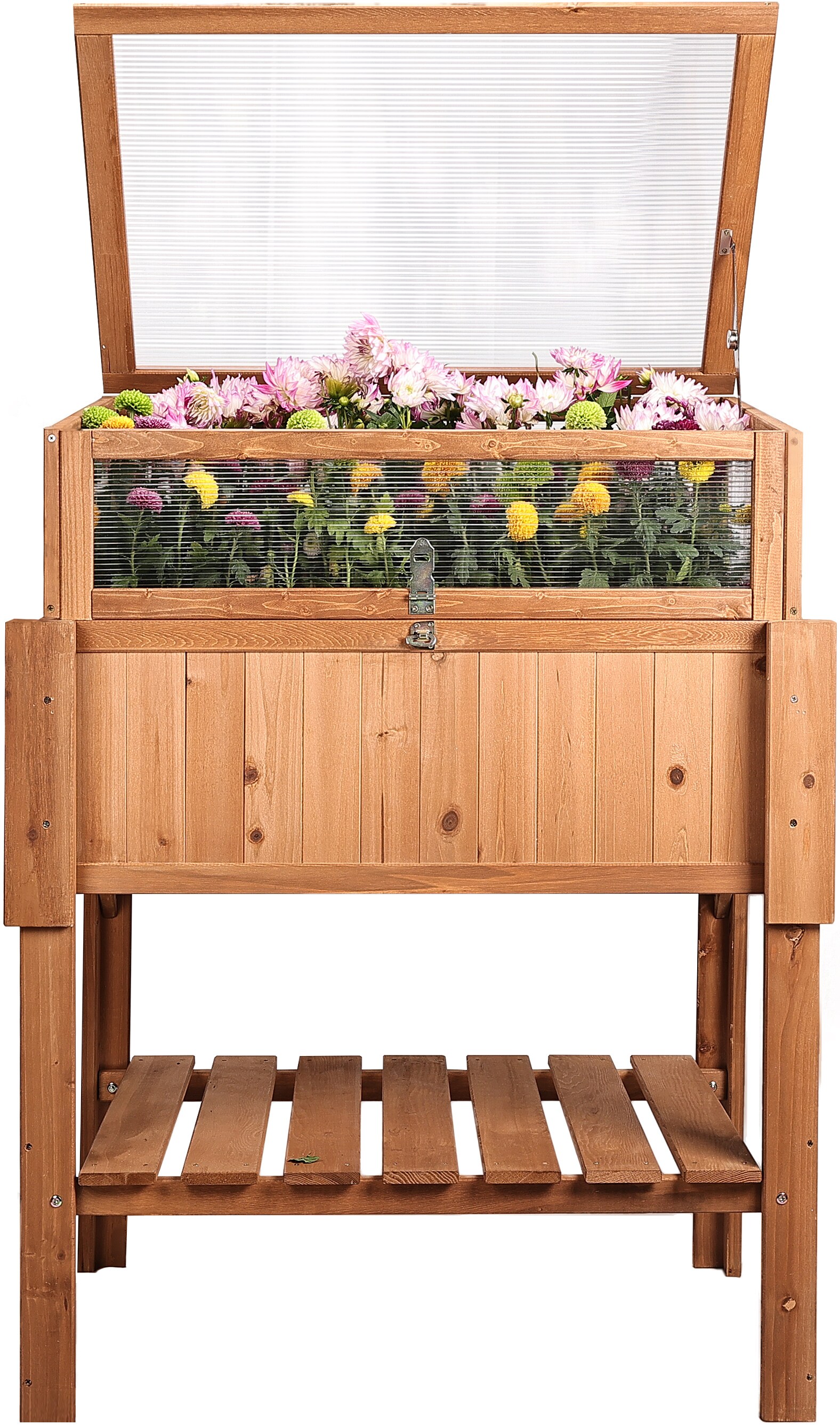 needs&wants&reg; Gro&szlig;es Hochbeet mit Fr&uuml;hbeet-Aufsatz Abdeckung aus Holz f&uuml;r Garten Balkon, Pflanzbeet mit Gew&auml;chshaus Fr&uuml;hbeetkasten mit Deckel Dach Haube Ablage Pflanzkasten, 90 x 57 x 112,5 cm, braun 