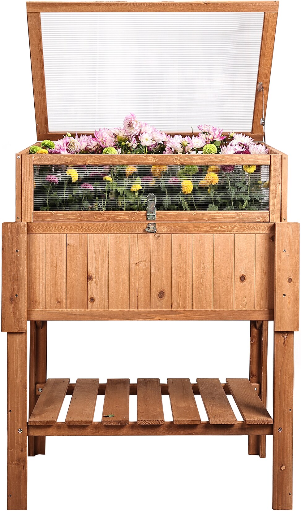 Großes Hochbeet mit Frühbeet-Aufsatz Abdeckung aus Holz für Garten Balkon, Pflanzbeet mit Gewächshaus Frühbeetkasten mit Deckel Dach Haube Ablage Pflanzkasten, 90 x 57 x 112,5 cm, braun