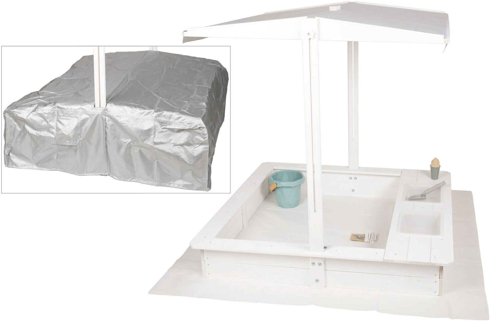 Design Sandkasten mit Matschküche, Dach, Abdeckung OXFORD 420D, Vliesfolie, Sandkiste Holz quadratisch verschließbar Outdoor Garten für Kinder, weiß silber