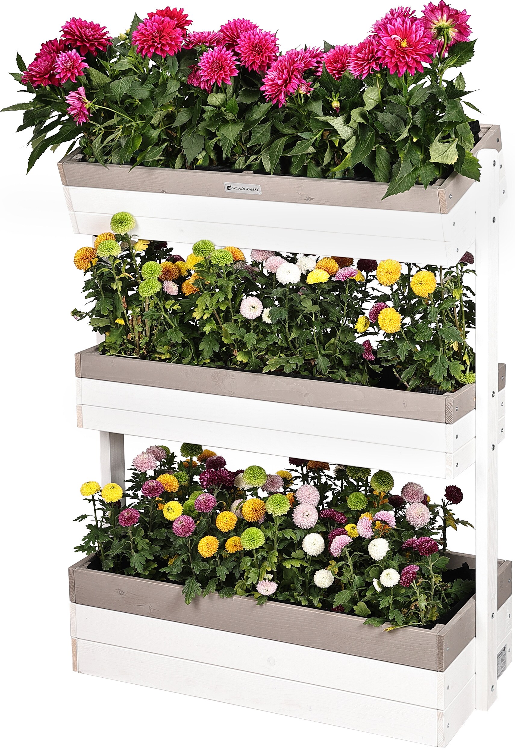 WONDERMAKE&reg; Gro&szlig;es Design Vertikalbeet mit 3 Etagen aus Holz f&uuml;r Outdoor Balkon Garten Wand stehend, Hochbeet vertikal XL K&auml;sten Cube f&uuml;r Kr&auml;uter Erdbeeren Blumen, 85x38x110 cm, wei&szlig; grau anthrazit 