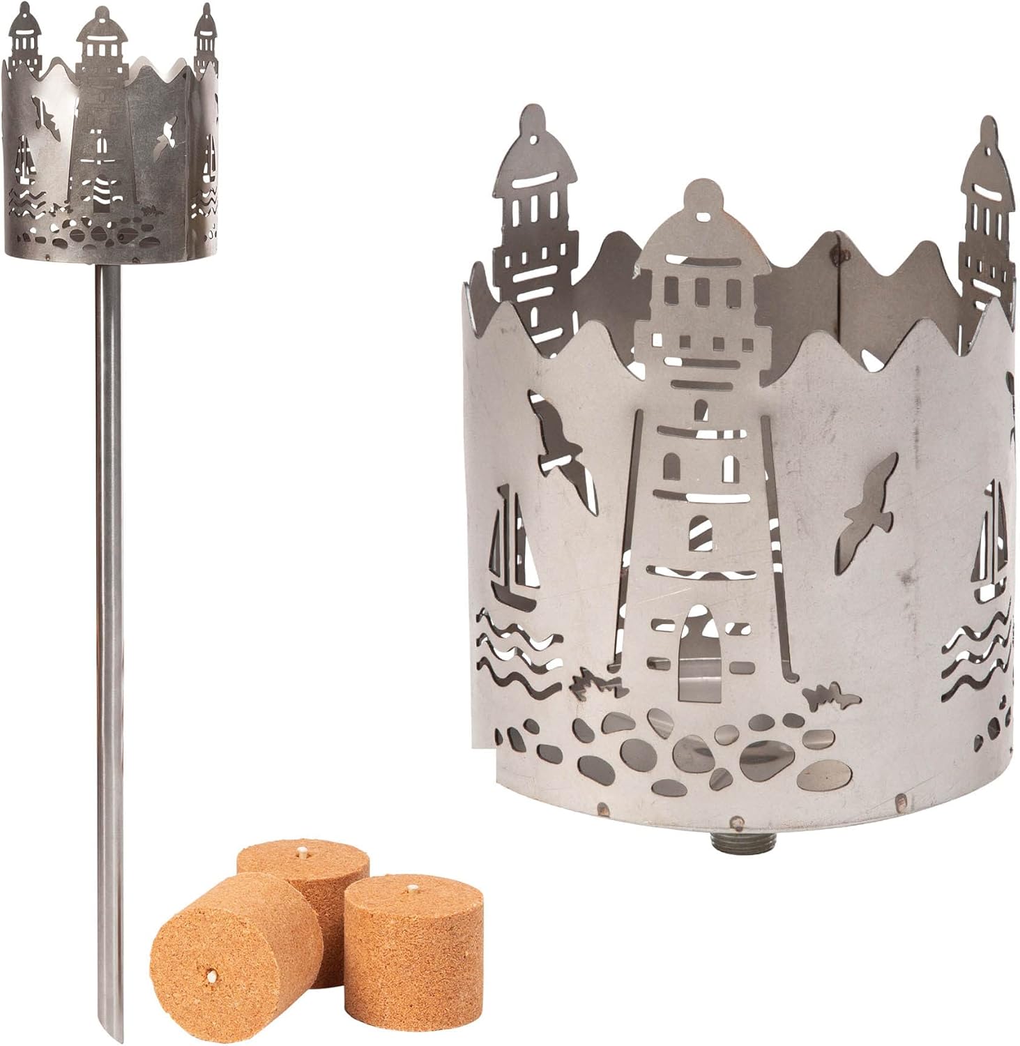 Gartenfackel f&uuml;r drau&szlig;en Motiv Leuchtturm 3X Brennelemente - Holzsp&auml;ne mit Wachs - Schwedenfackel Pelletfackel Feuers&auml;ule Flammschalen Wachsfackel Gartenleuchte 