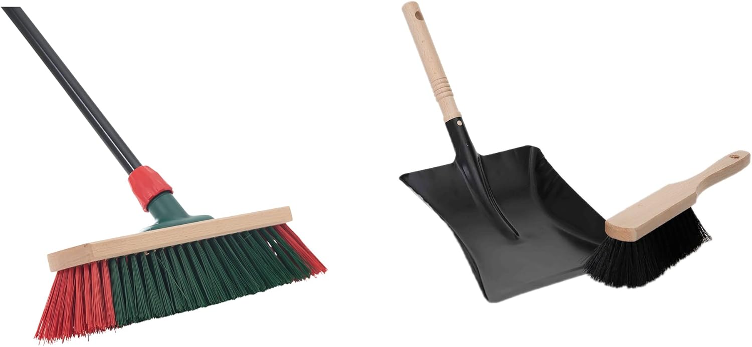 Teleskopstiel Stra&szlig;enbesen mit Kehrgarnitur Kehrblech Gartenbesen (1 , Gartenbesen + Kehrschaufel Set schwarz) 