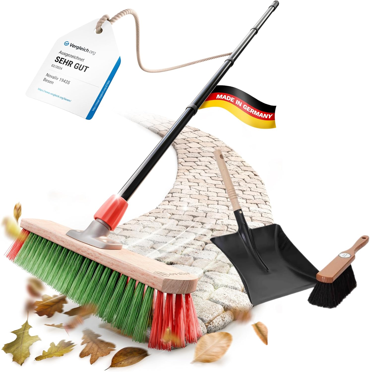 Stra&szlig;enbesen mit Stiel Gartenbesen Kehrgarnitur Rosshaar Besen Kehrblech (1 , Gartenbesen + Kehrschaufel Set Rosshaar) 
