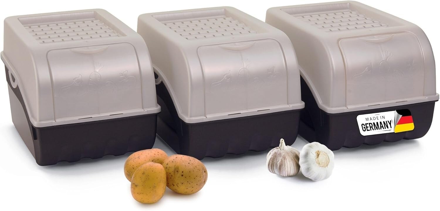 Kartoffel Aufbewahrungsbox   3x mittel    PERLMUT Weiss   Kartoffelbox   Gemüsebox stapelbar Zwiebelbox Kartoffelkorb Obstbehälter Kartoffelkiste Zwiebel Aufbewahrung Frischhaltedose Möhren