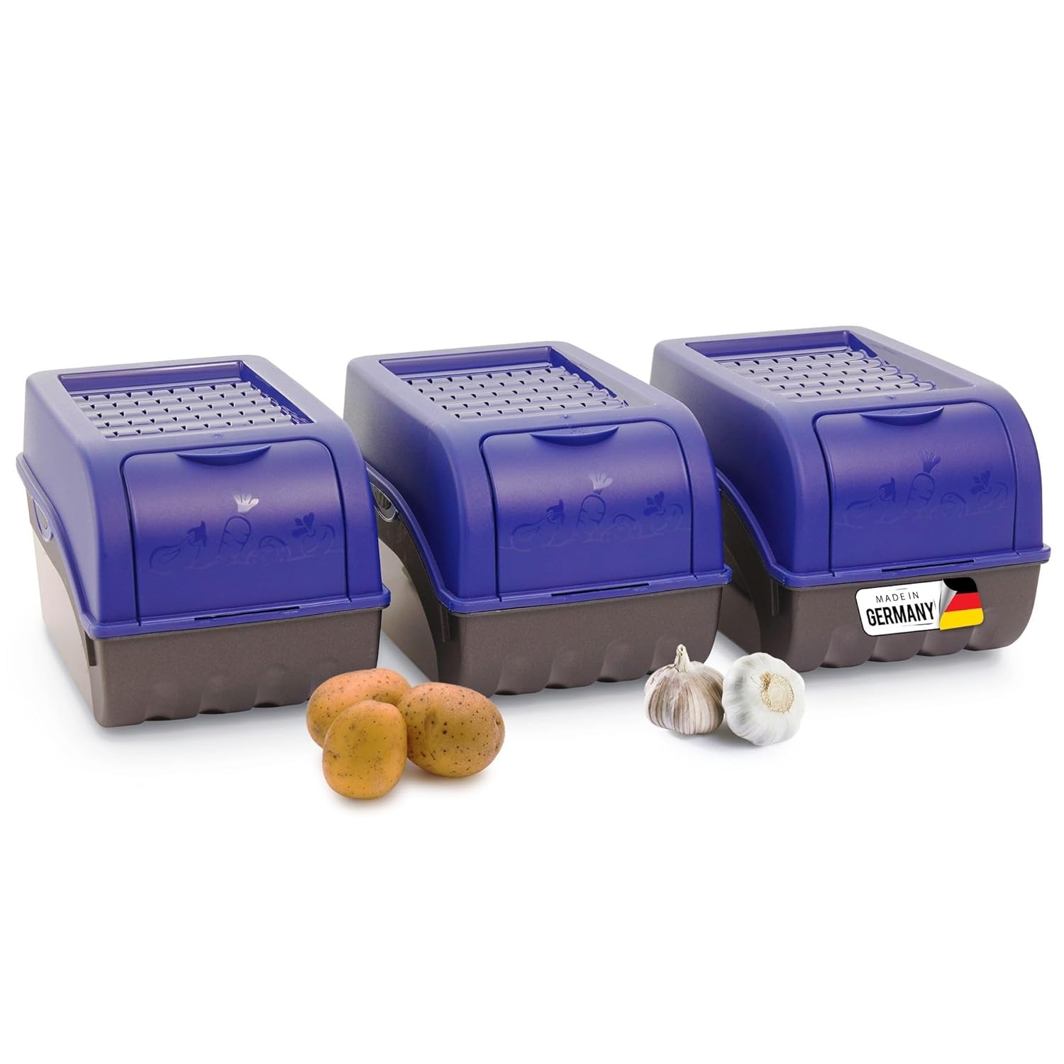 Kartoffel Aufbewahrungsbox | 3x mittel 5L | Marine BLAU | Kartoffelbox | Gem&uuml;sebox stapelbar Zwiebelbox Kartoffelkorb Obstbeh&auml;lter Kartoffelkiste Zwiebel Aufbewahrung Frischhaltedose M&ouml;hren 