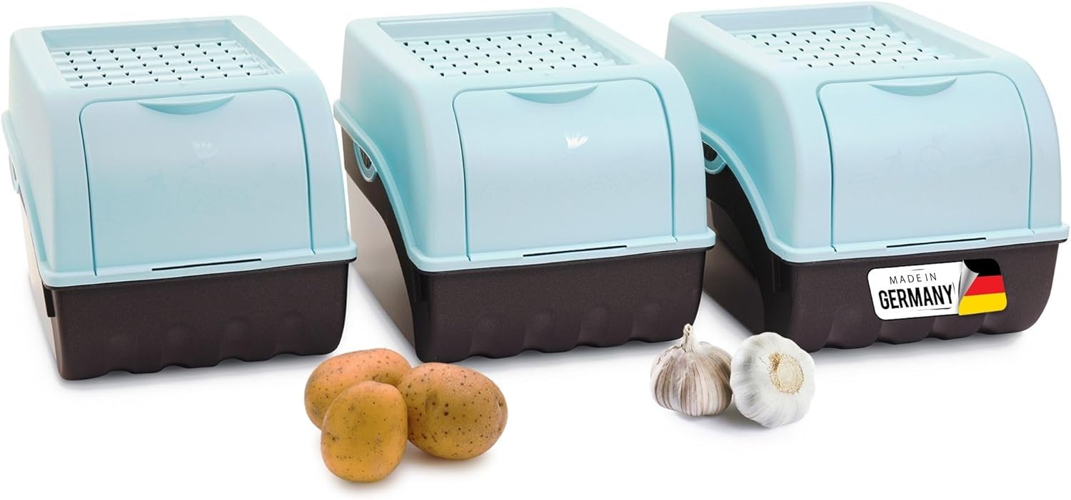 Kartoffel Aufbewahrungsbox | 3x mittel 5L | T&Uuml;RKIS | Kartoffelbox | Gem&uuml;sebox stapelbar Zwiebelbox Kartoffelkorb Obstbeh&auml;lter Kartoffelkiste Zwiebel Aufbewahrung Frischhaltedose M&ouml;hren 