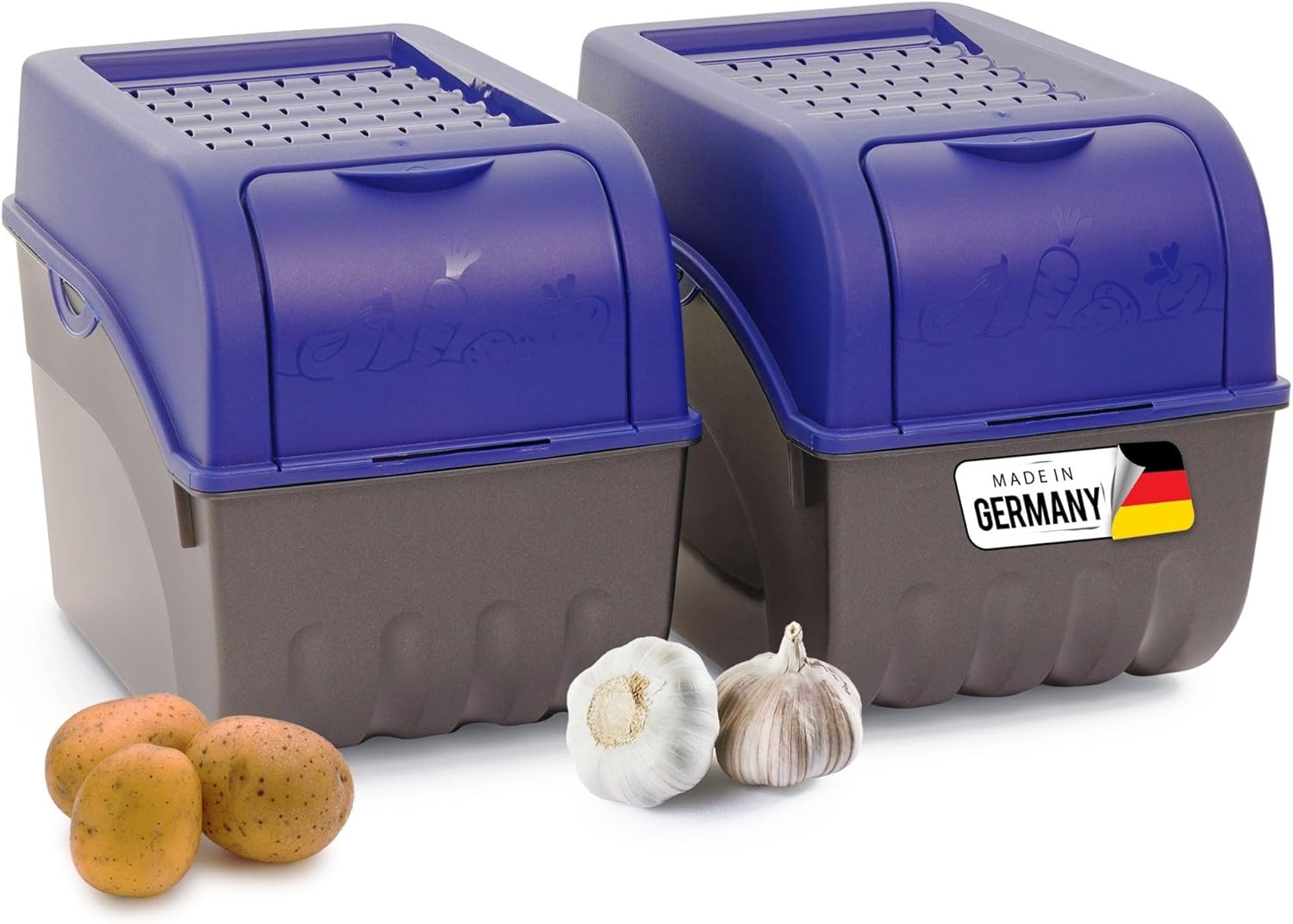 Kartoffel Aufbewahrungsbox | 2x gro&szlig; 9L | Marine BLAU | Kartoffelbox | Gem&uuml;sebox stapelbar Zwiebelbox Kartoffelkorb Obstbeh&auml;lter Kartoffelkiste Zwiebel Aufbewahrung Frischhaltedose M&ouml;hren 