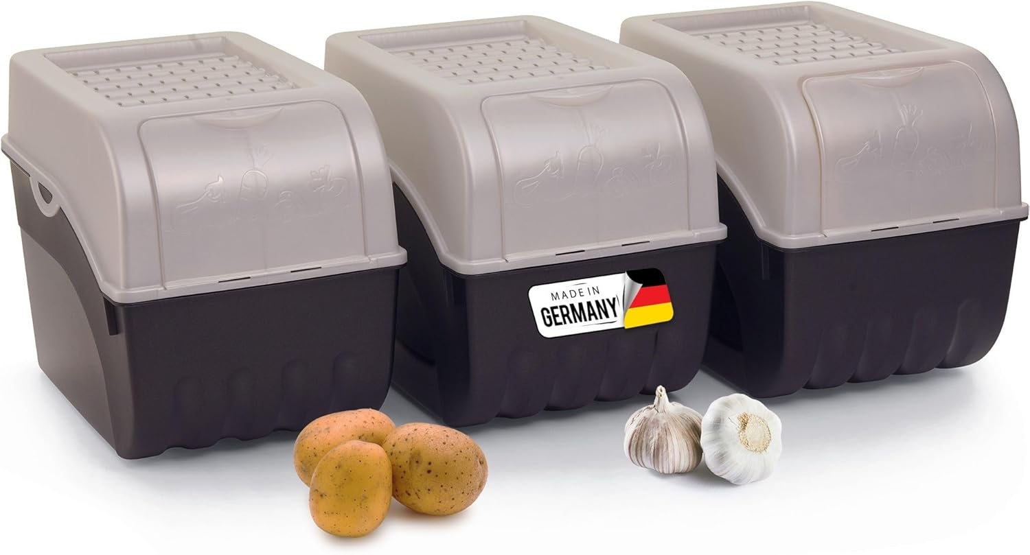 Kartoffel Aufbewahrungsbox | 3x gro&szlig; 9L | PERLMUT Weiss | Kartoffelbox | Gem&uuml;sebox stapelbar Zwiebelbox Kartoffelkorb Obstbeh&auml;lter Kartoffelkiste Zwiebel Aufbewahrung Frischhaltedose M&ouml;hren 