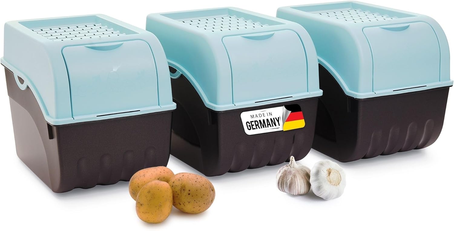 Kartoffel Aufbewahrungsbox | 3X gro&szlig; 9L | T&Uuml;RKIS | Kartoffelbox | Gem&uuml;sebox stapelbar Zwiebelbox Kartoffelkorb Obstbeh&auml;lter Kartoffelkiste Zwiebel Aufbewahrung Frischhaltedose M&ouml;hren&hellip; 