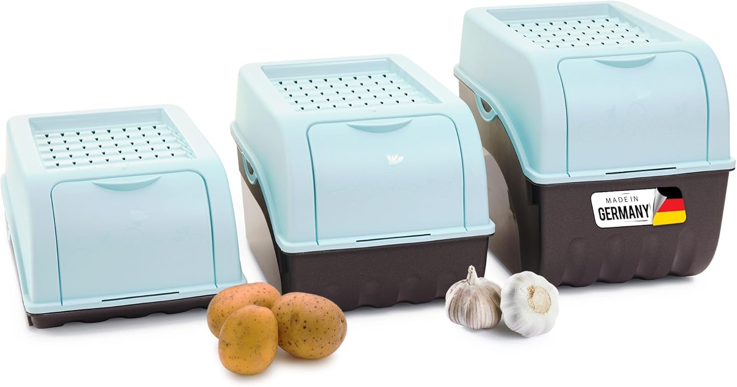 Kartoffel Aufbewahrungsboxen Set | 3,5L + 5L + 9L | T&Uuml;RKIS | Kartoffelboxen | Gem&uuml;seboxen stapelbar Zwiebelboxen Kartoffelk&ouml;rbe Obstbeh&auml;lter Kartoffelkisten Frischhaltedosen 