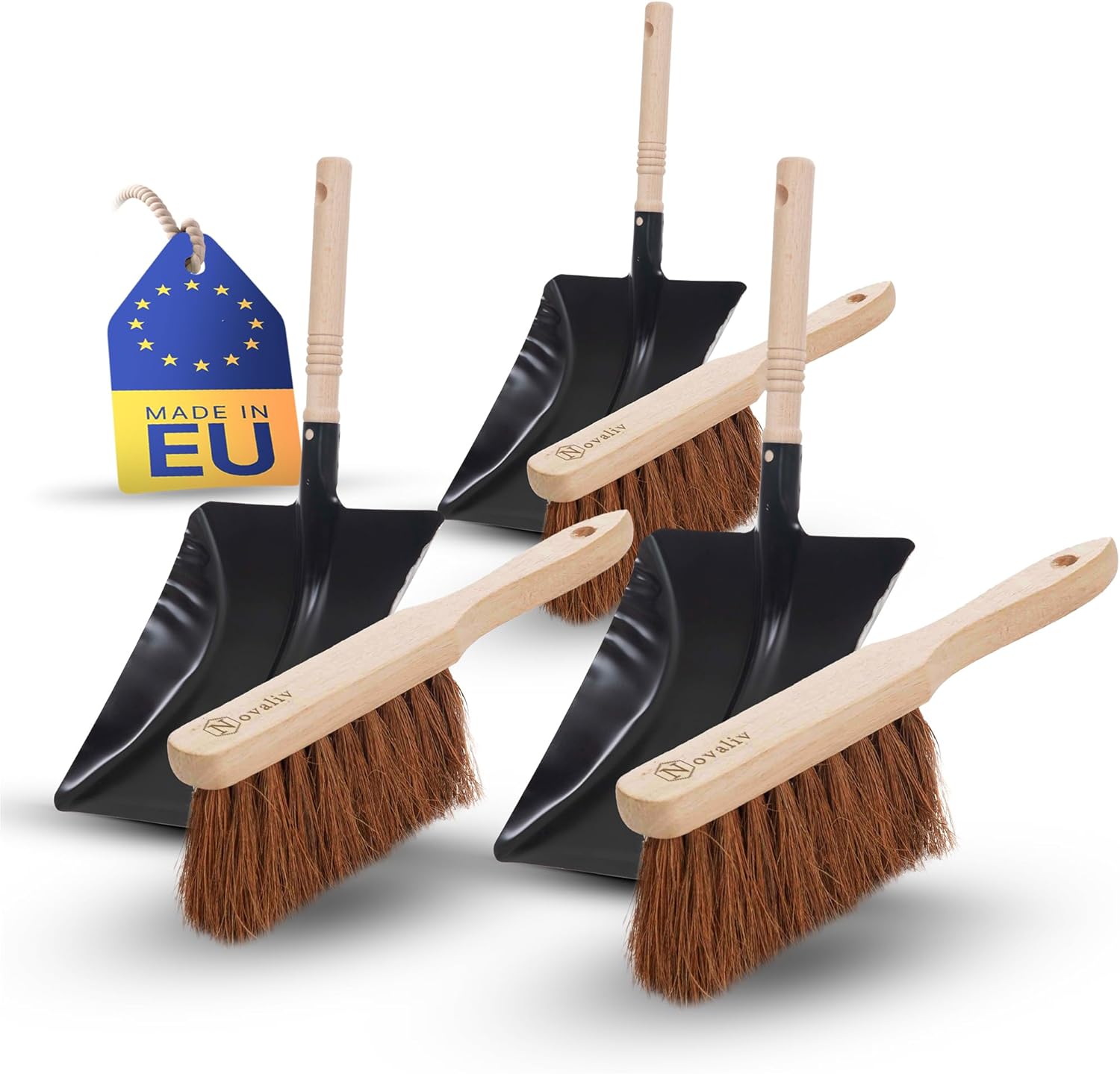 4er Kehrblech Set KOKOSBORSTEN Handfeger Kehrblechgarnitur Metall Schwarz lackiert Kehrblechbesen weiche Borsten Handbesen Kokosfaser Handkehrset Kehrblechset Kehrschaufel Feger und Kehrblech 