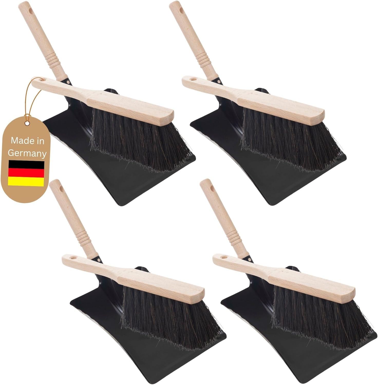 4X Kehrblech Set Kehrblechgarnitur Handfeger Arenga Borsten und Kehrblech Metall Schwarz lackiert Kehrblechbesen zum Aufkehren Handkehrset Kehrblechset Kehrschaufel Feger und Kehrblech 