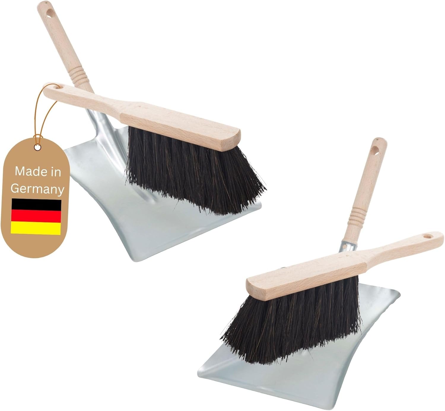 2X Kehrblech Set Kehrblechgarnitur Handfeger Arenga Borsten und Kehrblech Metall Silber verzinkt Kehrblechbesen zum Aufkehren Handkehrset Kehrblechset Kehrschaufel Feger und Kehrblech 