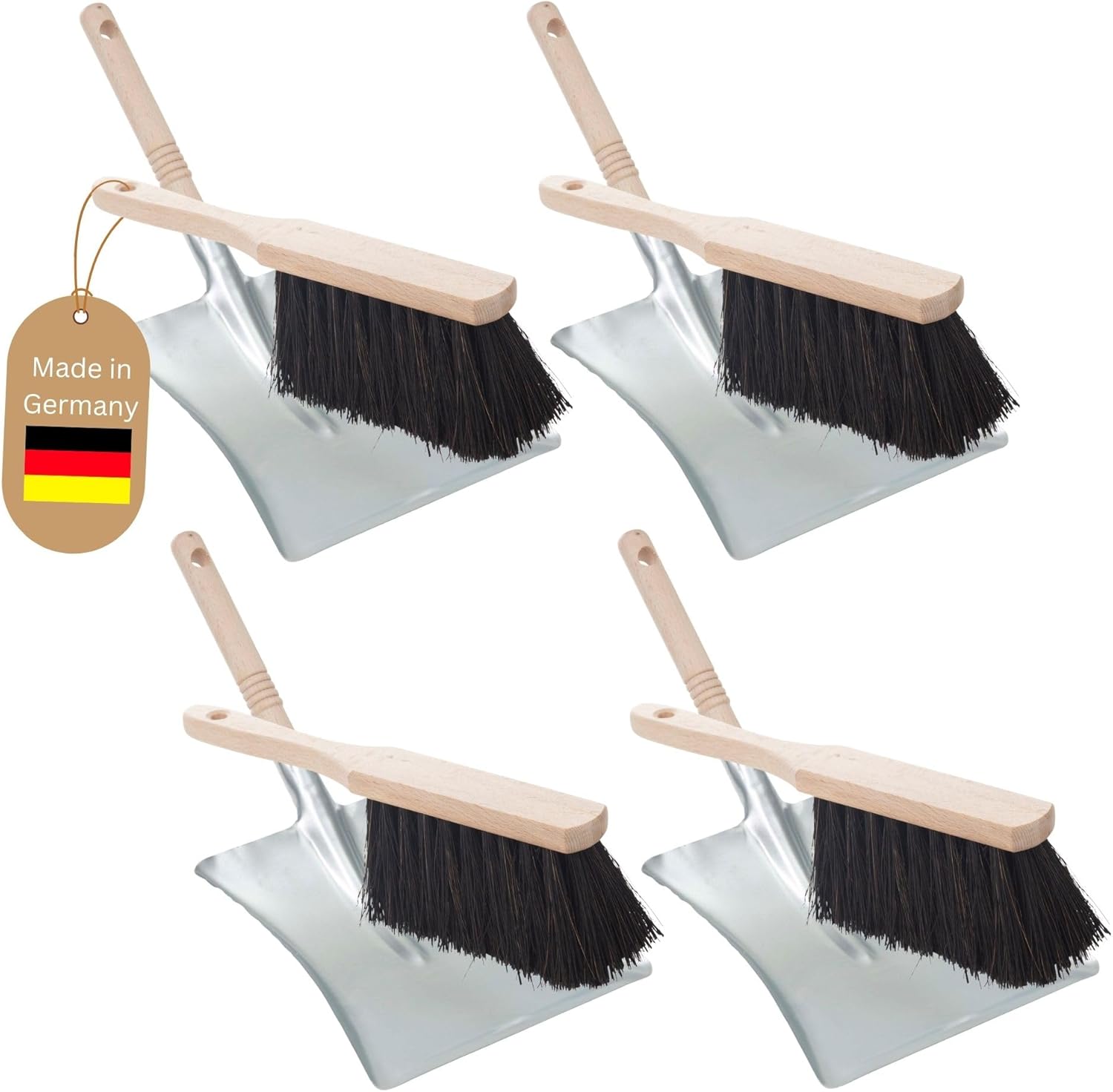 4X Kehrblech Set Kehrblechgarnitur Handfeger Arenga Borsten und Kehrblech Metall Silber verzinkt Kehrblechbesen zum Aufkehren Handkehrset Kehrblechset Kehrschaufel Feger und Kehrblech 