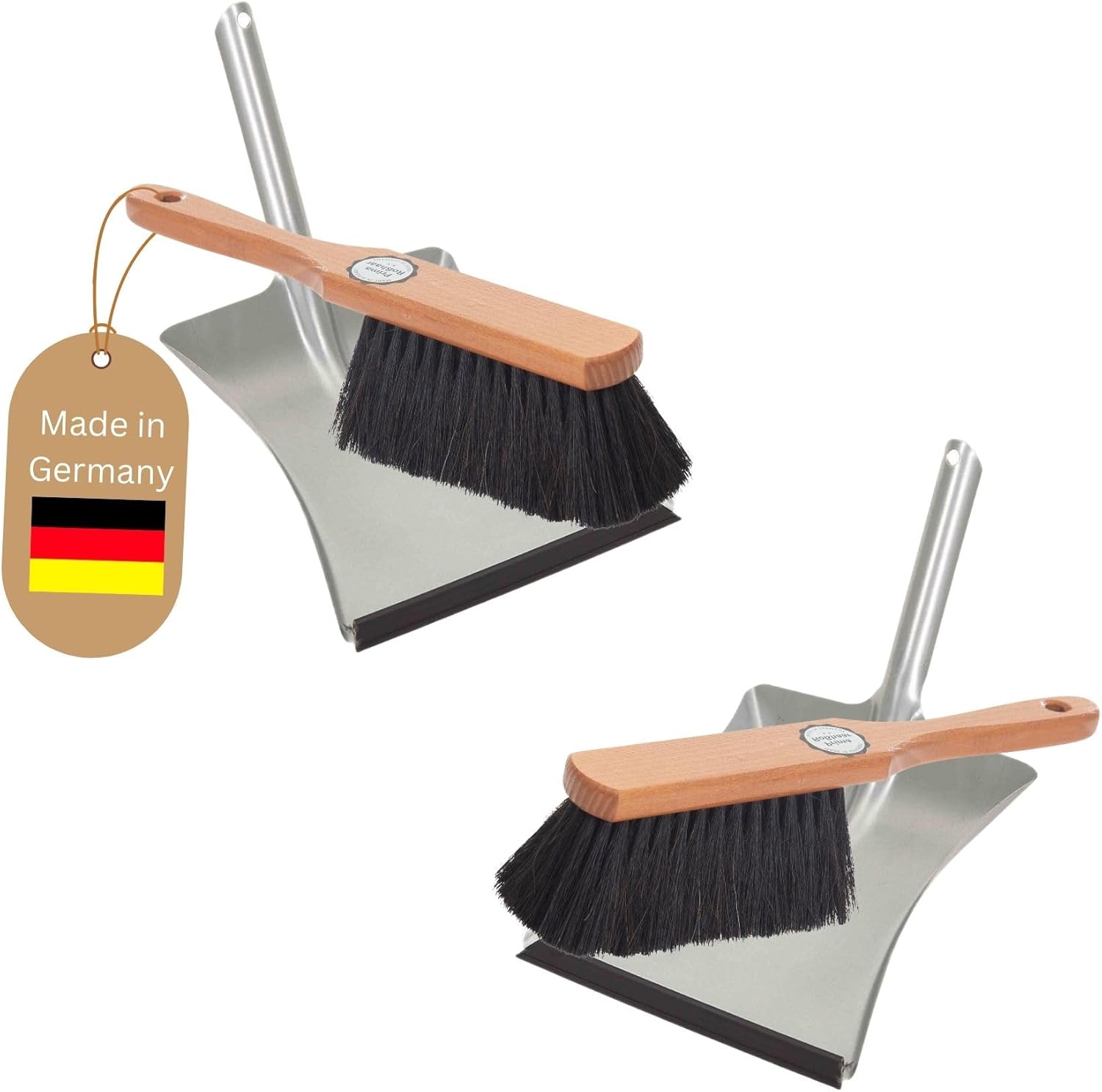 2X Kehrgarnitur Set Rosshaar Mischung Kehrschaufel mit Gummilippe Kehrset Kehrblech Handbesen Handkehrset Handfeger und Schaufel 