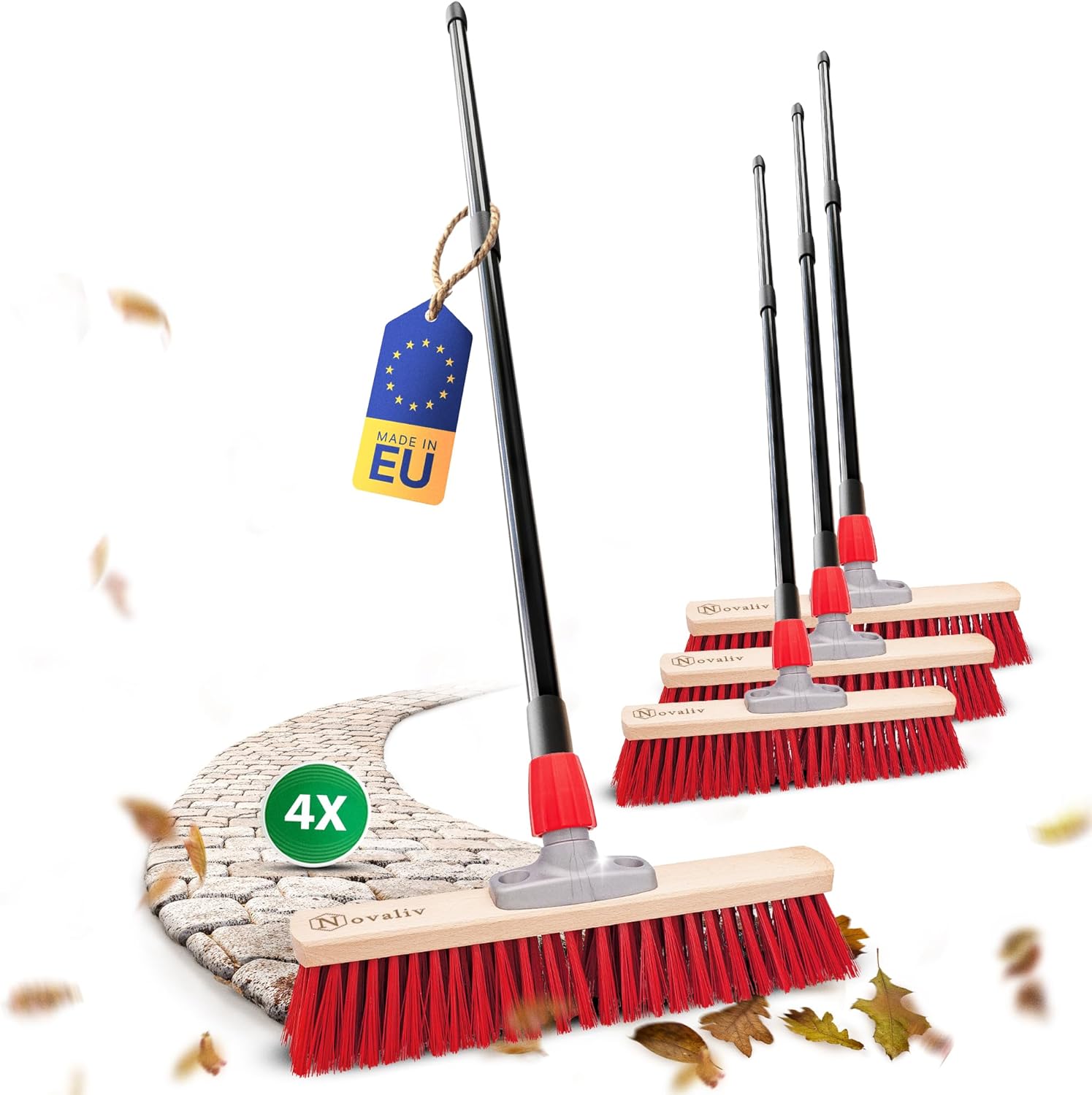 4X Stra&szlig;enbesen 40 cm I mit Stiel I Elaston rot I Teleskopstiel I Besen f&uuml;r drau&szlig;en I Industriebesen Gartenbesen Schneebesen Allzweckbesen 