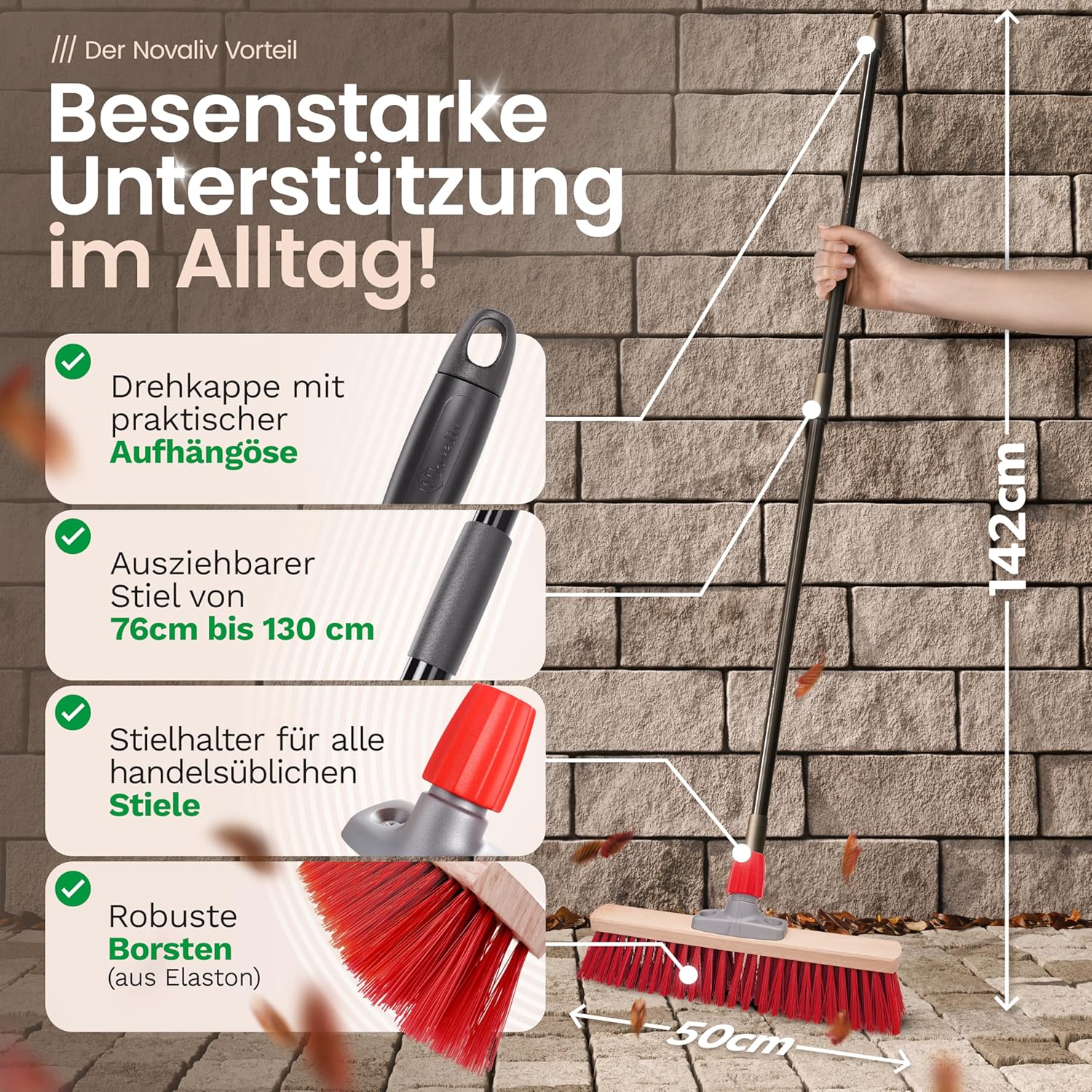 2X Strassenbesen mit Stiel 50 cm I Teleskopstiel ausziehbar I Elaston rot I Industriebesen Kehrbesen Gartenbesen Werkstattbesen Au&szlig;enbesen 