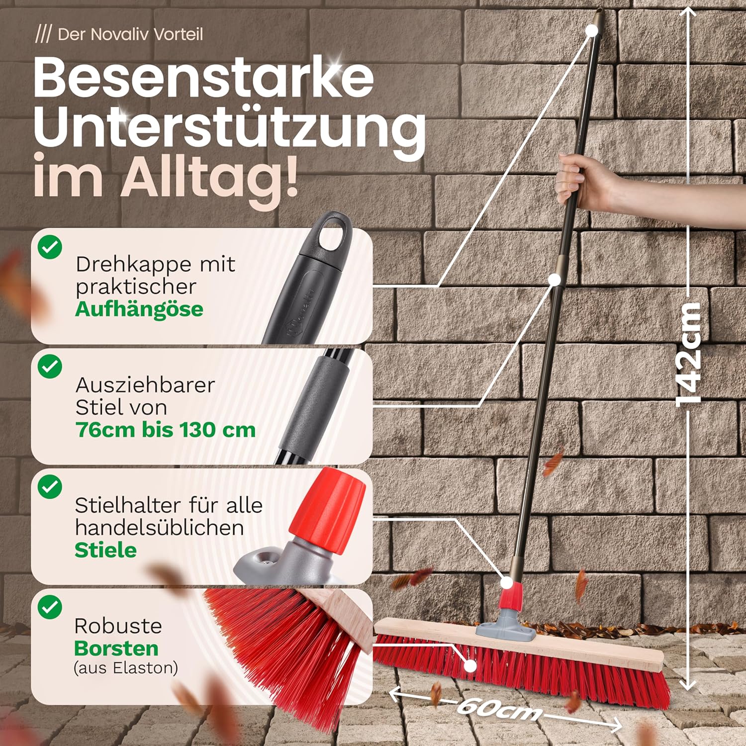 Stra&szlig;enbesen 60 cm I Besen mit Stiel ausziehbar I Elaston rot I Grob I Industriebesen Kehrbesen Gartenbesen Hofbesen 