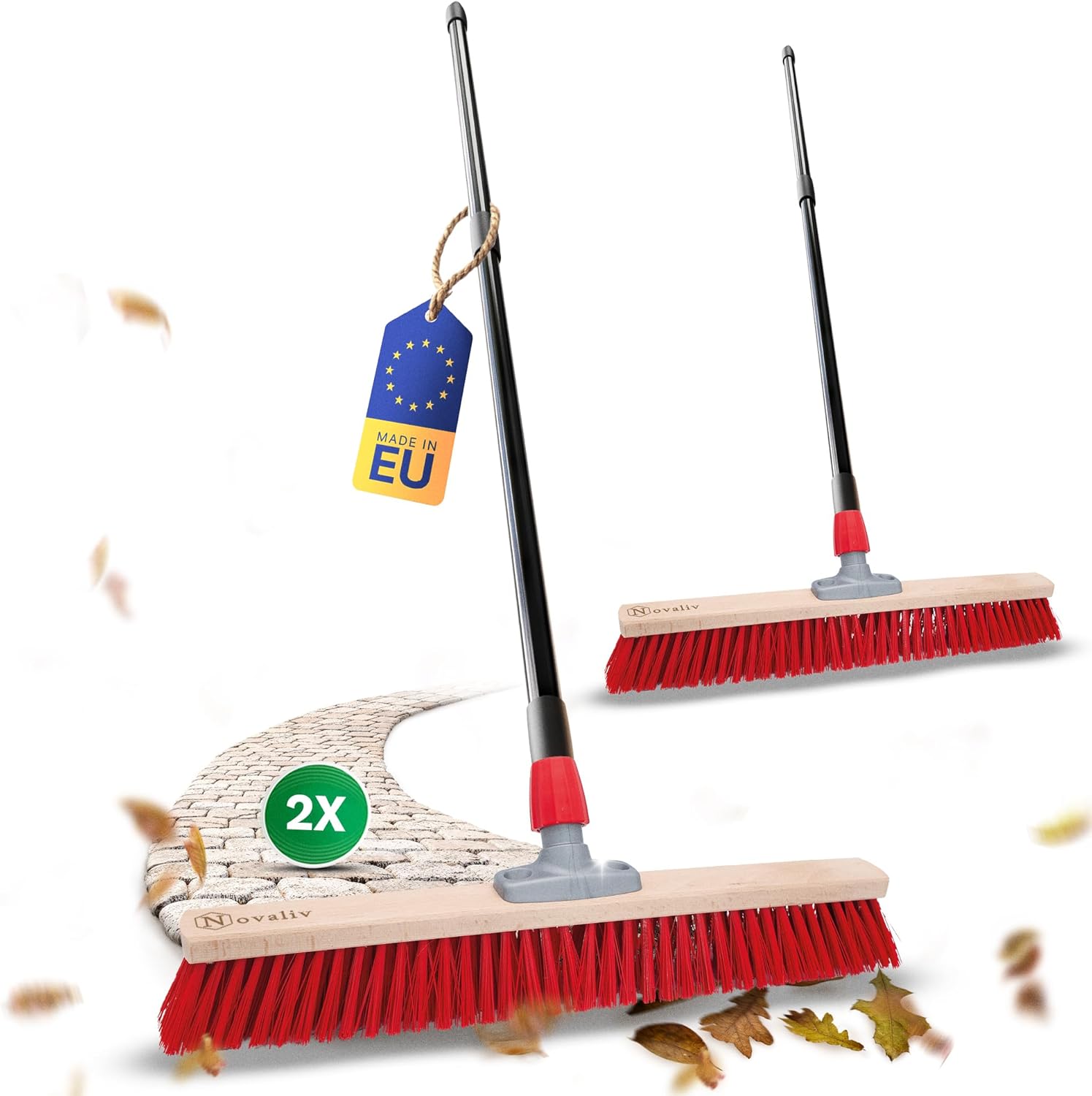2X Strassenbesen mit Stiel 60 cm I Teleskopstiel ausziehbar I Elaston rot I Industriebesen Kehrbesen Gartenbesen Werkstattbesen Au&szlig;enbesen 