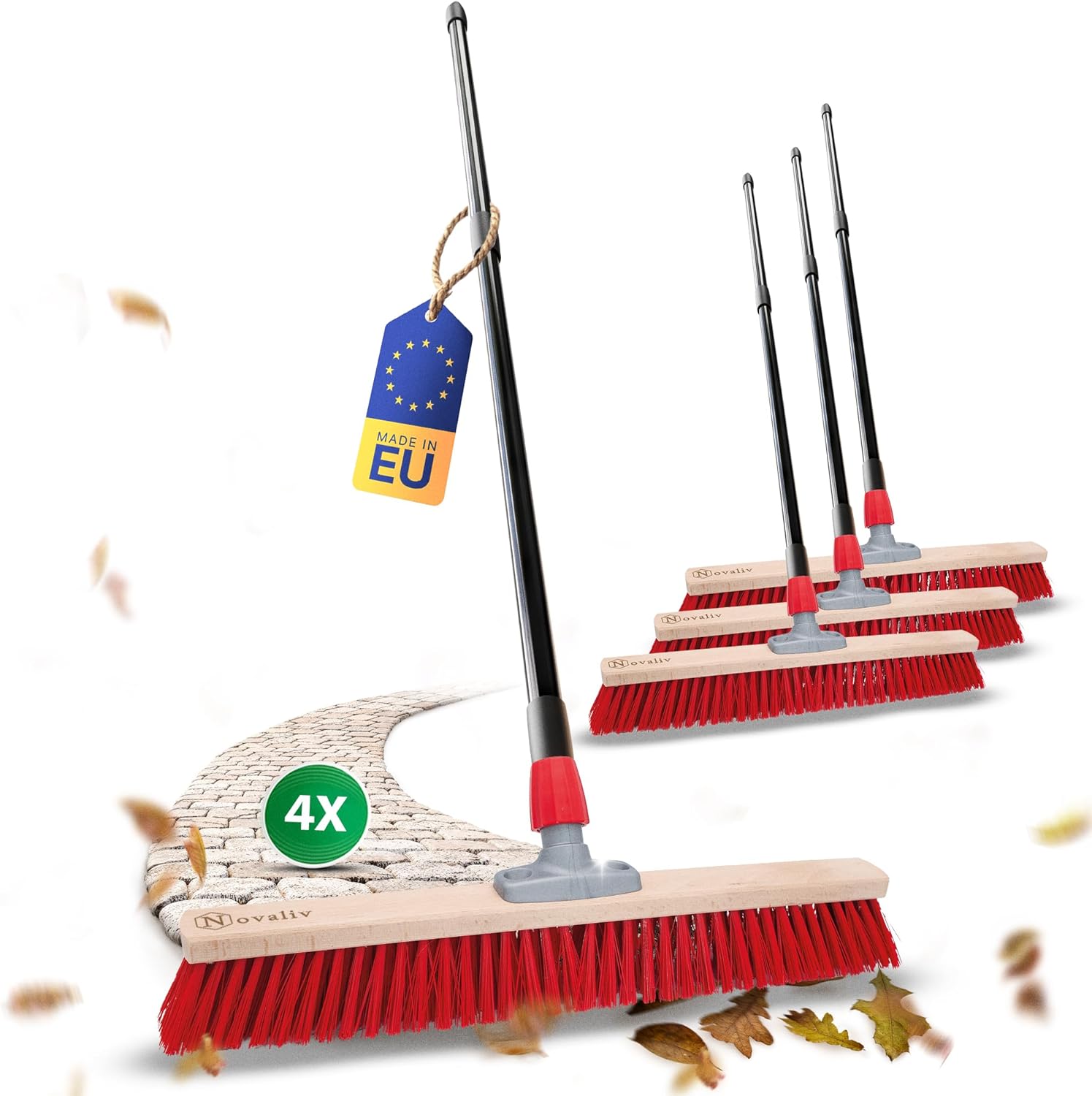 4X Stra&szlig;enbesen 60 cm I mit Stiel I Elaston rot I Teleskopstiel I Besen f&uuml;r drau&szlig;en I Industriebesen Gartenbesen Schneebesen Allzweckbesen 