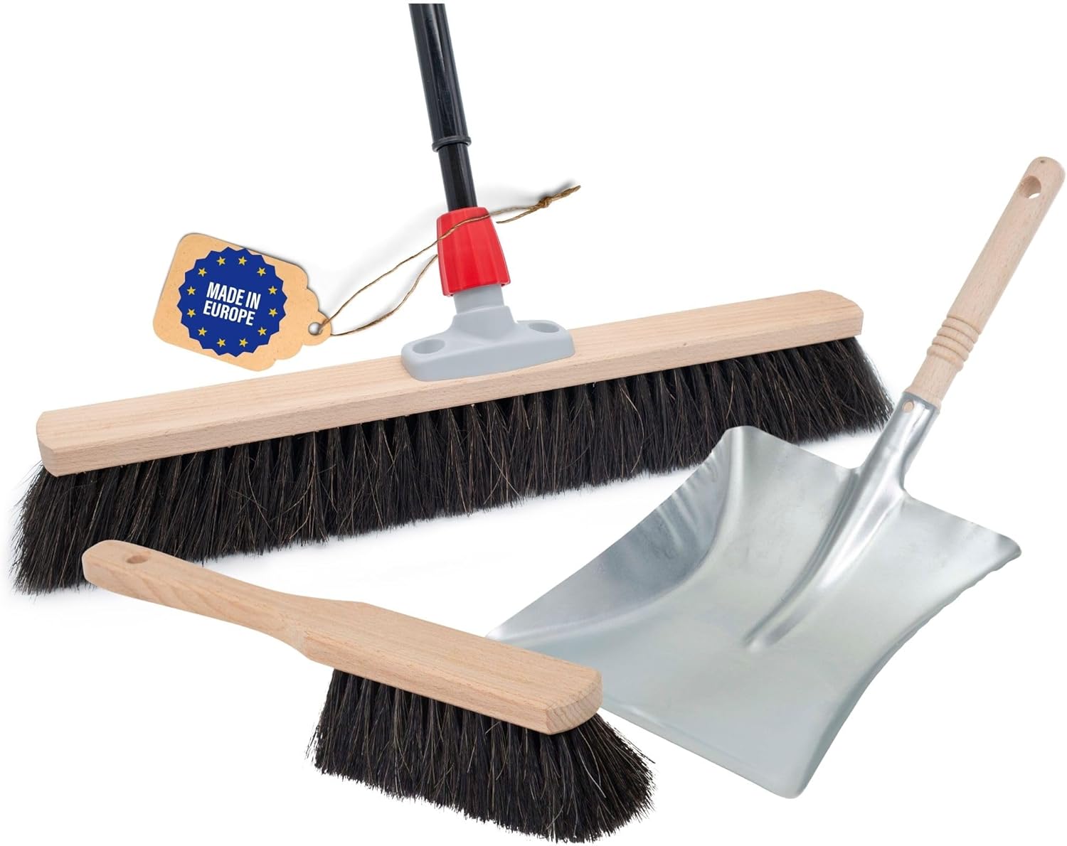 Saalbesen Naturhaar Set 40 cm I Besen Kehrblech und Handfeger Teleskopstiel I Rosshaar schwarz I mit Stiel ausziehbar I Weich I fein I Gro&szlig;raumbesen Zimmerbesen 