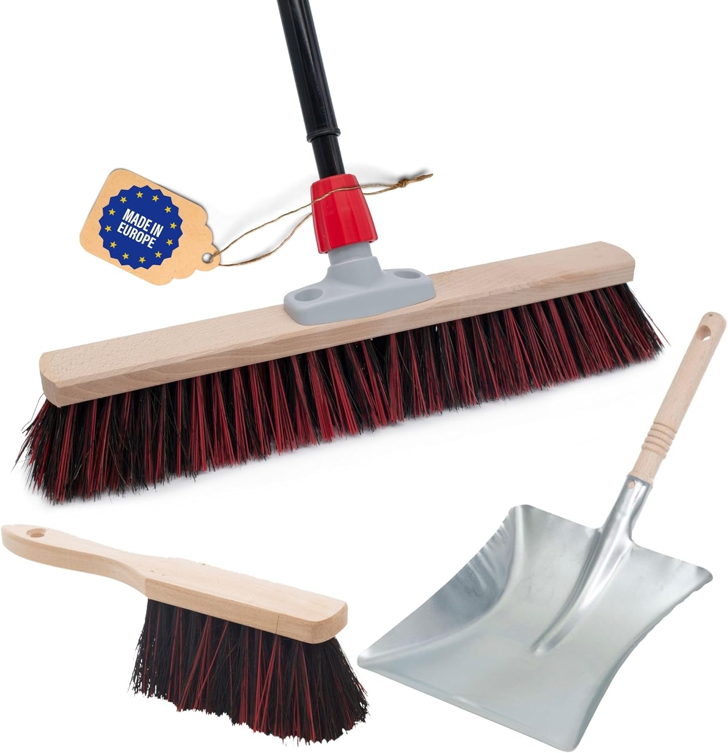 Stra&szlig;enbesen Set 50 cm I Besen Handbesen und Schaufel Teleskopstiel I Arenga-Elaston schwarz-rot I mit Stiel ausziehbar I Industriebesen Kehrbesen Gartenbesen Hofbesen 