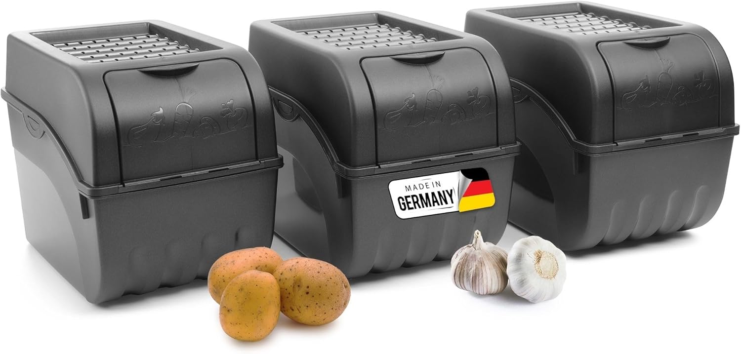 Kartoffel Aufbewahrungsbox | 3x gro&szlig; 9L | ANTHRAZIT GRAU | Zwiebelbox | Gem&uuml;sebox stapelbar Kartoffelbox Zwiebel Aufbewahrung Kartoffelkorb Obstbeh&auml;lter Kartoffelkiste Frischhaltedose 