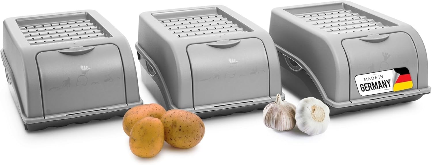 Kartoffel Aufbewahrungsbox | 3X klein 3,5L | GRAU | Zwiebelbox | Gem&uuml;sebox stapelbar Kartoffelbox Zwiebel Aufbewahrung Kartoffelkorb Obstbeh&auml;lter Kartoffelkiste Frischhaltedose&hellip; - Bild 1