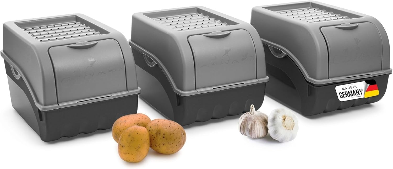 Kartoffel Aufbewahrungsbox | 3X mittel 5L | GRAU | Zwiebelbox | Gem&uuml;sebox stapelbar Kartoffelbox Zwiebel Aufbewahrung Kartoffelkorb Obstbeh&auml;lter Kartoffelkiste Frischhaltedose&hellip; 