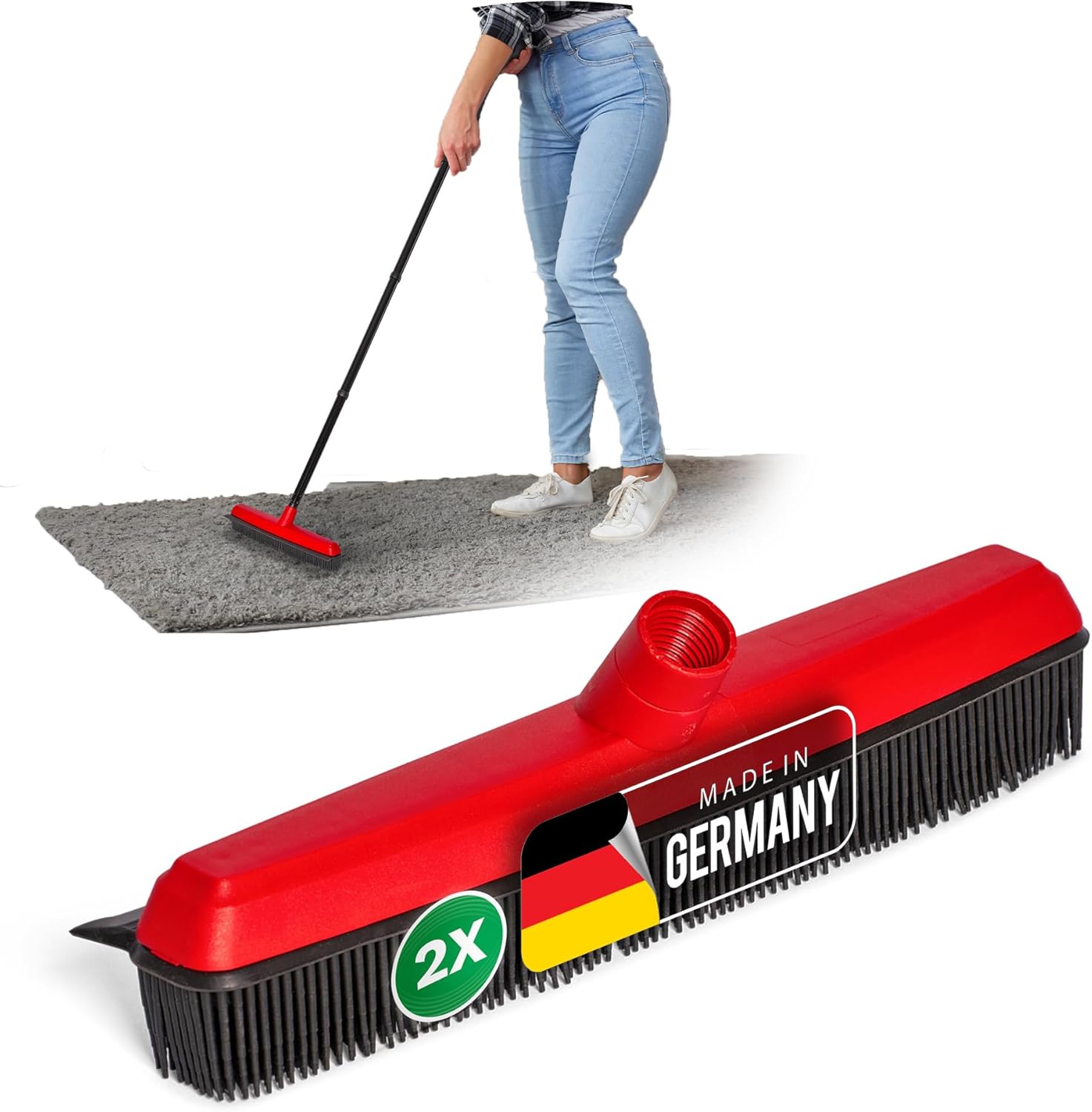 2er Set Gummibesen mit Abzieher Besenkopf Gummi Friseurbesen Schwarz Noppenbesen Hundehaarentferner Broom Parkett Besen f&uuml;r Drinnen Teppichbesen Bodenabzieher Haushaltsbesen Wunderbesen 