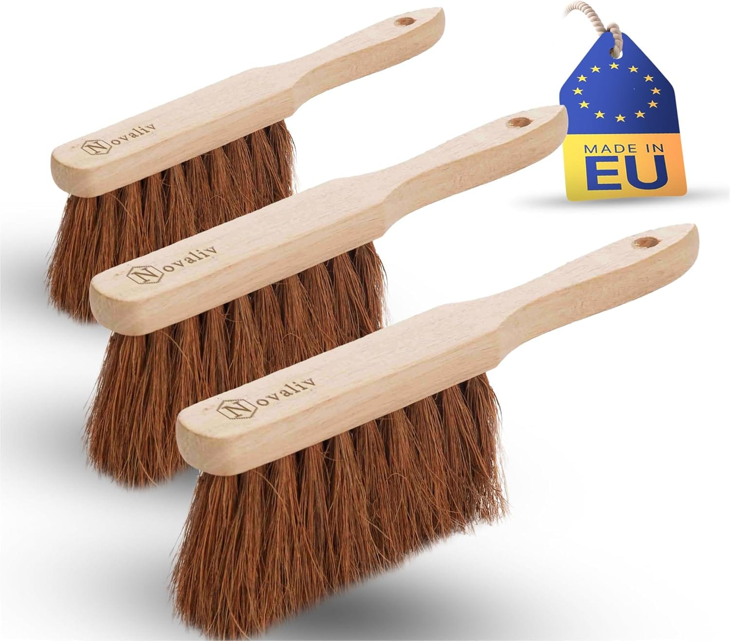 3X Handfeger mit langem Stiel I 60 cm I Kokos I Schneebesen Holz Schnee Feger Kehrwisch dust Brush 