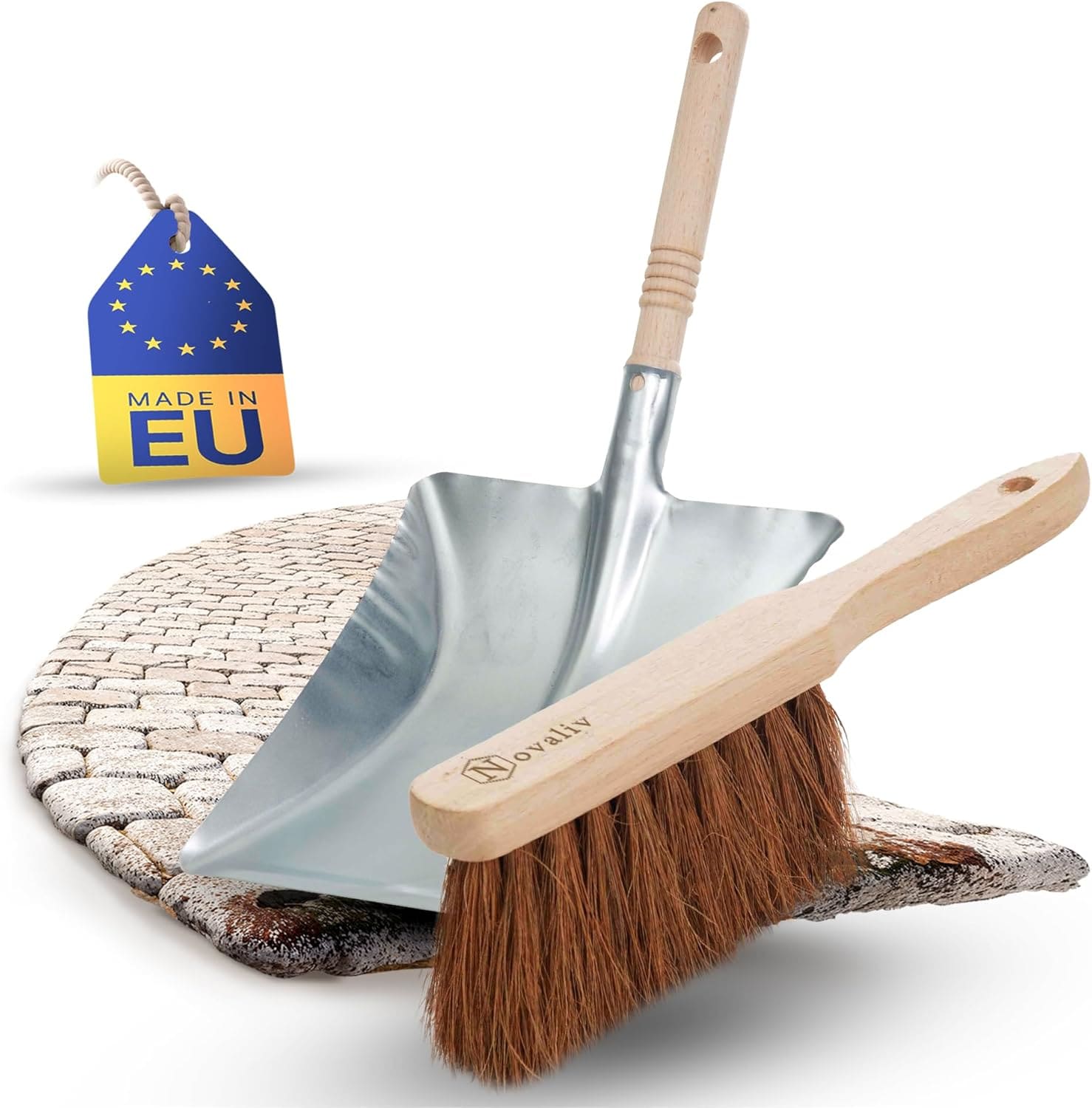 Kehrgarnitur mit Handfeger Langer Stiel I 60 cm I Kokos I Kehrschaufel Set Kehrset Handkehrset 