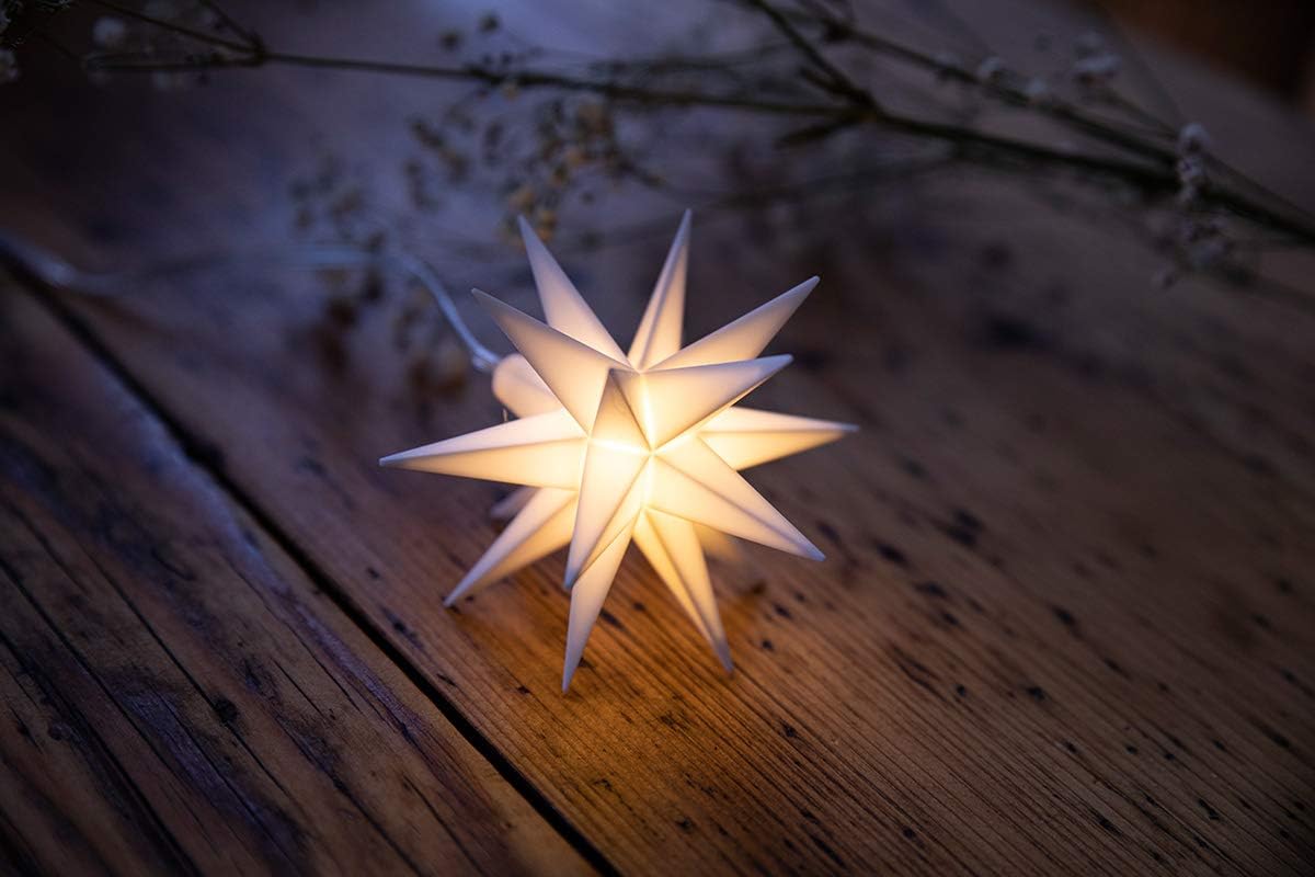 Weihnachtsstern LED Dekostern Klein 8cm Weiss mit Batteriefach f&uuml;r 3 AA Batterien 6h Timerfunktion (1,5m Kabel) Innenraum DEKO 3D Stern 18 Zackig Leuchtstern LED Weihnachtsstern beleuchtet 