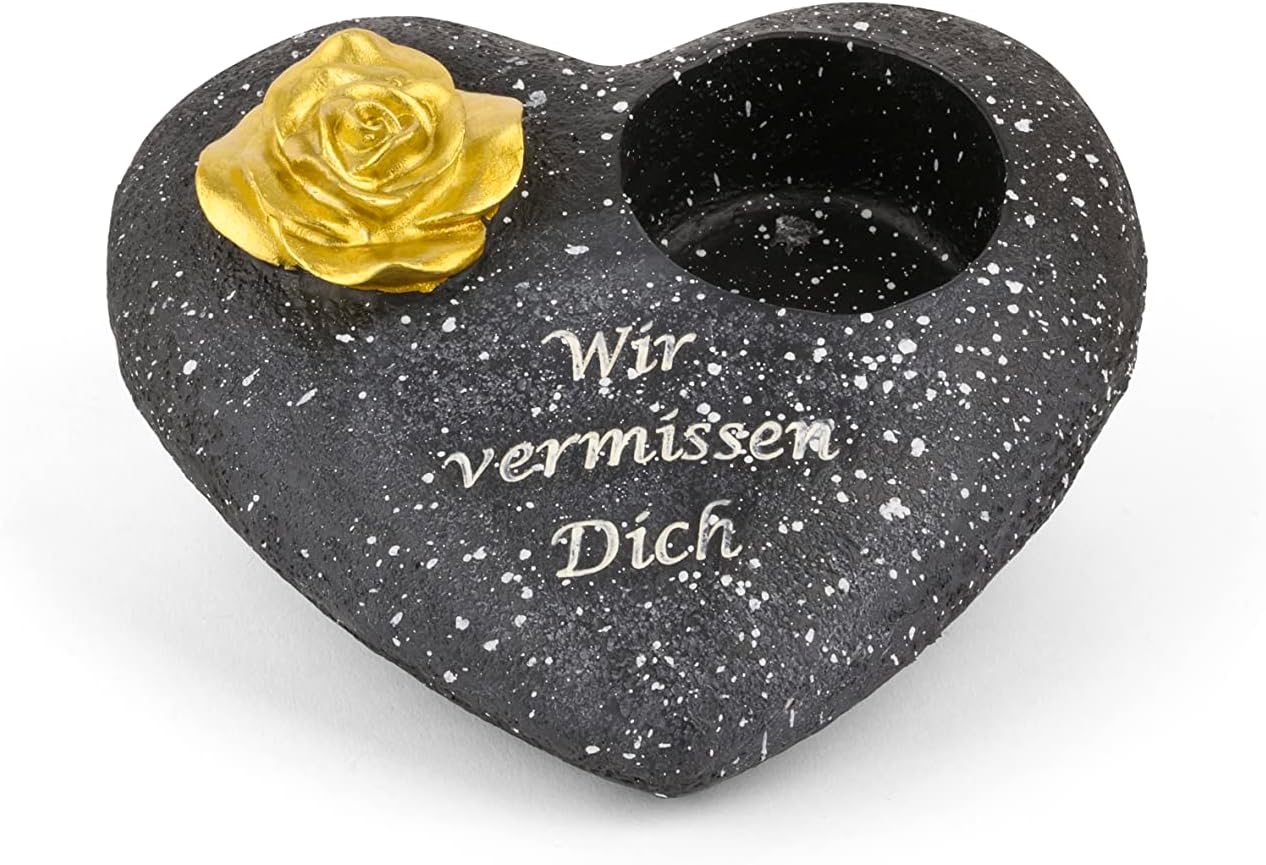 Grabschmuck Herz Schwarz mit Rose Spruch Wir vermissen Dich Grabdeko Grabherz Wetterfest Grabdekoration Gedenkstein Teelichthalter Trauerstein 