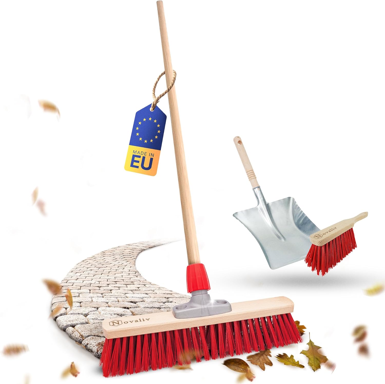 Stra&szlig;enbesen mit Stiel 40 cm Set I Besen Kehrblech und Handfeger I Elaston rot I mit Gewinde I Stra&szlig;enbesen Breit Gartenbesen Outdoor Besen drau&szlig;en Besen Au&szlig;enbereich 