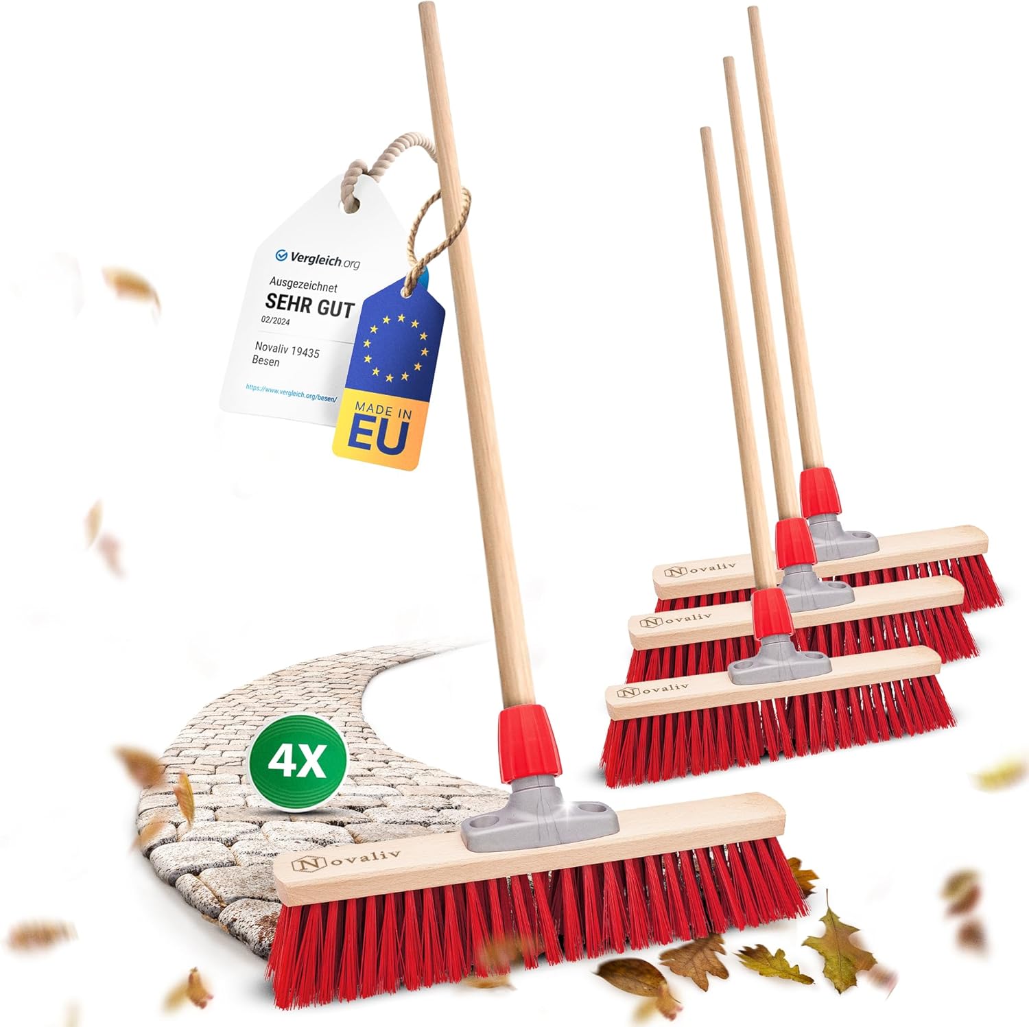 4X Stra&szlig;enbesen 40 cm mit Holzstiel I Elaston rot I Besen f&uuml;r drau&szlig;en I Industriebesen Gartenbesen mit Stiel Schneebesen Allzweckbesen Stallbesen Winterbesen 