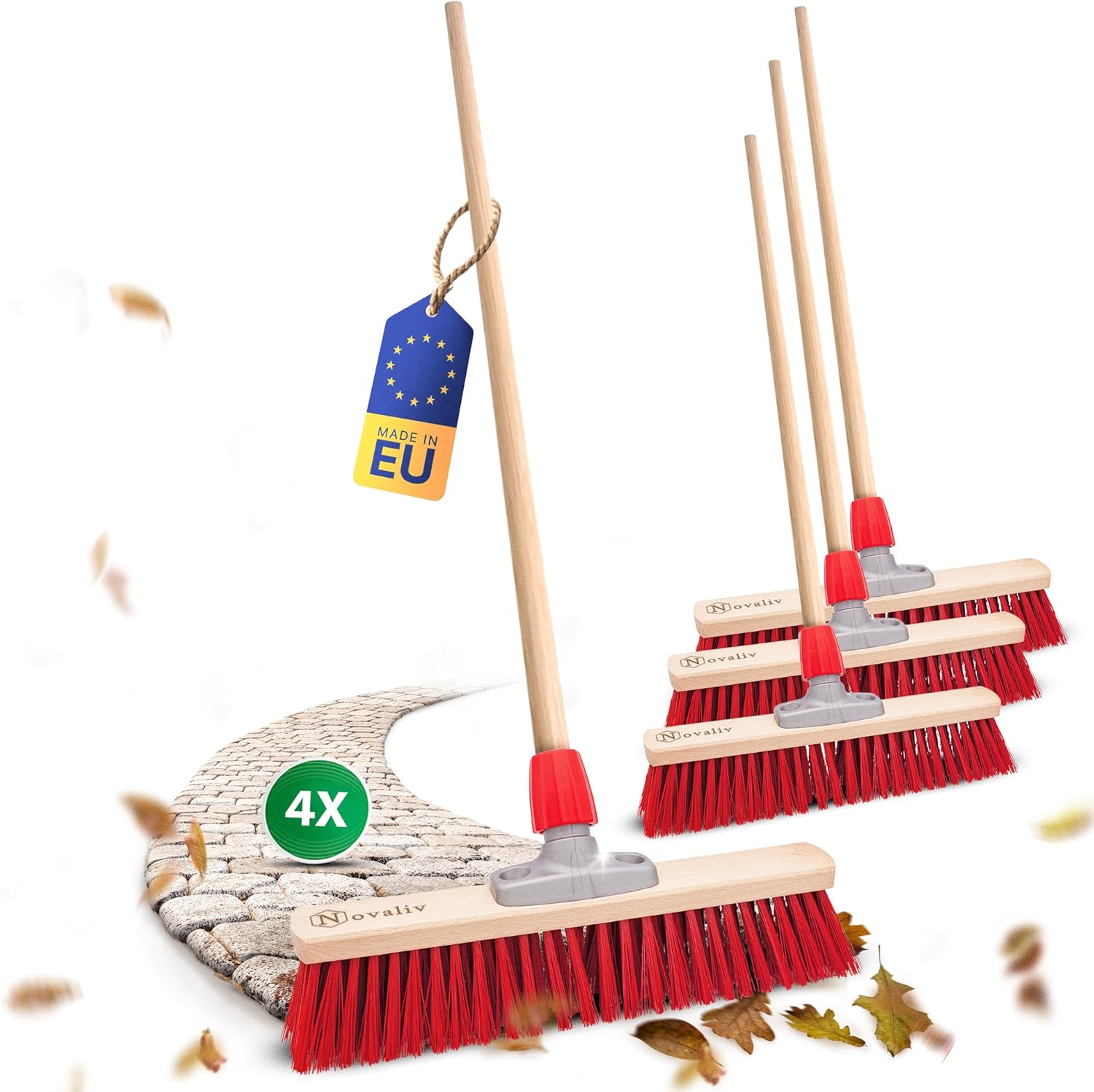 4X Stra&szlig;enbesen 50 cm mit Holzstiel I Elaston rot I Besen f&uuml;r drau&szlig;en I Industriebesen Gartenbesen mit Stiel Schneebesen Allzweckbesen Stallbesen Winterbesen 