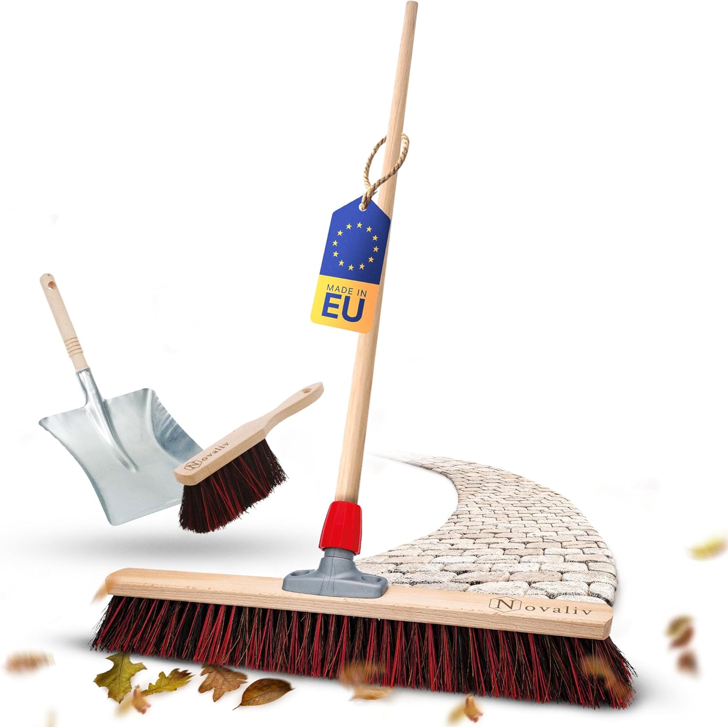 Kehr-Set Arenga-Elaston I Handfeger Kehrschaufel Stra&szlig;enbesen 60cm mit Holzstiel I Industriebesen Gartenbesen 