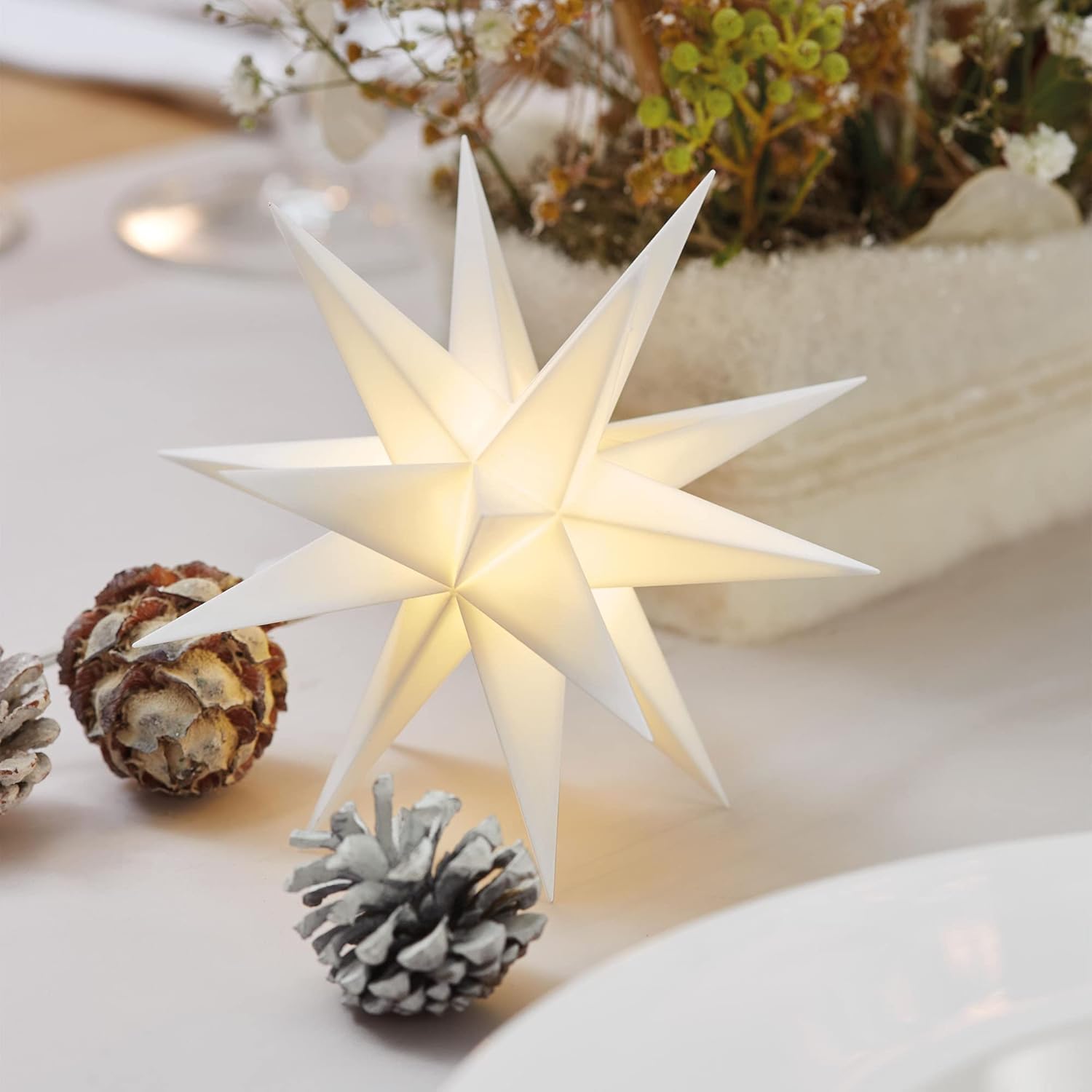 Weihnachtsstern LED Dekostern Klein 12cm WEISS mit FERNBEDIENUNG und Batteriefach f&uuml;r 3 AA Batterien 6h Timer f&uuml;r Innen & Aussen 3D Stern 18 Zackig Leuchtstern LED Weihnachtsstern beleuchtet 