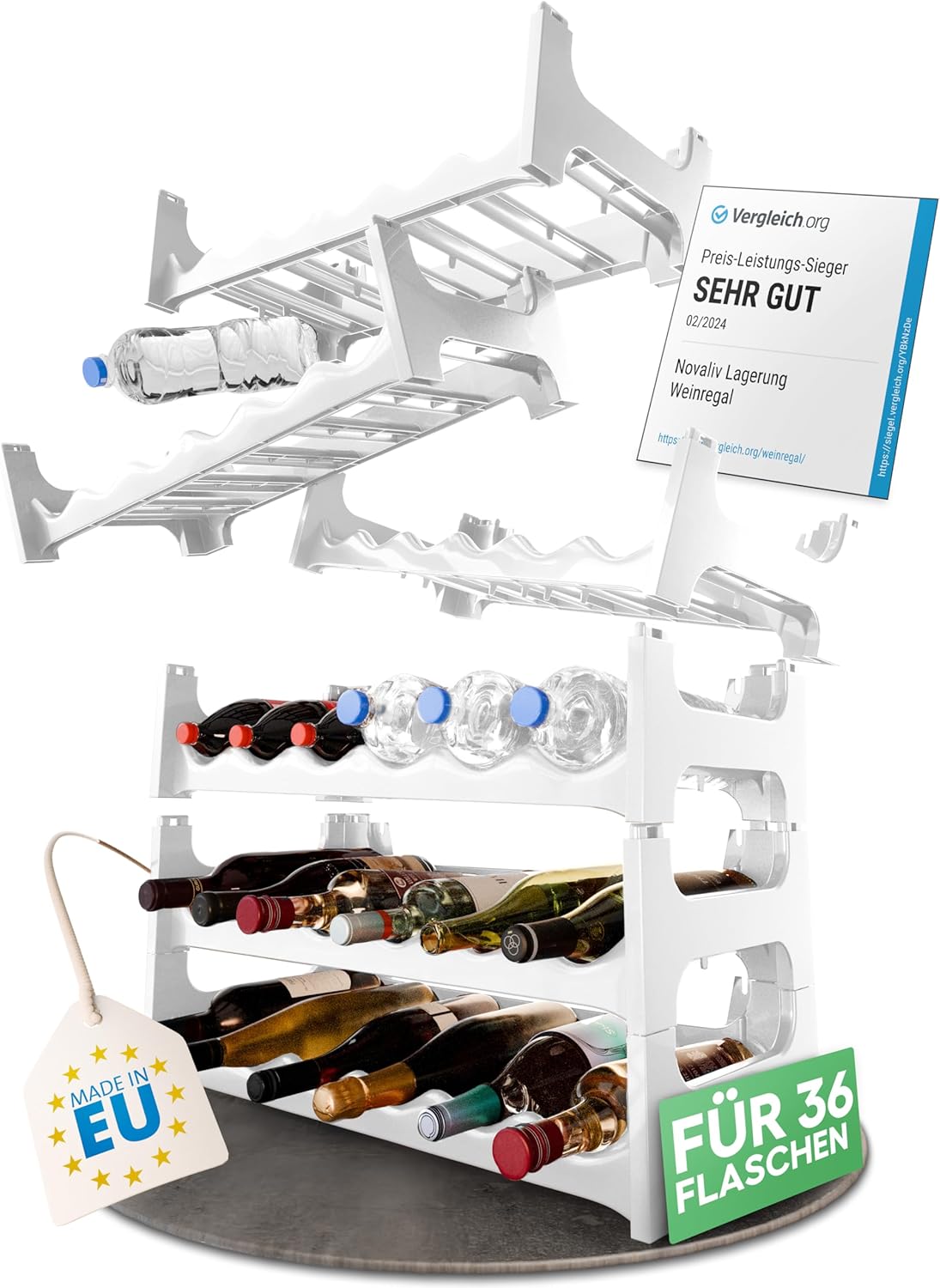 Flaschenregal f&uuml;r 36 Flaschen aus Kunststoff , erweiterbar , Weinregal stapelbar , Wei&szlig; , Getr&auml;nkeregal Flaschen Regalsystem , Regal f&uuml;r Getr&auml;nke , Flaschenschrank , Spirituosen Regal 