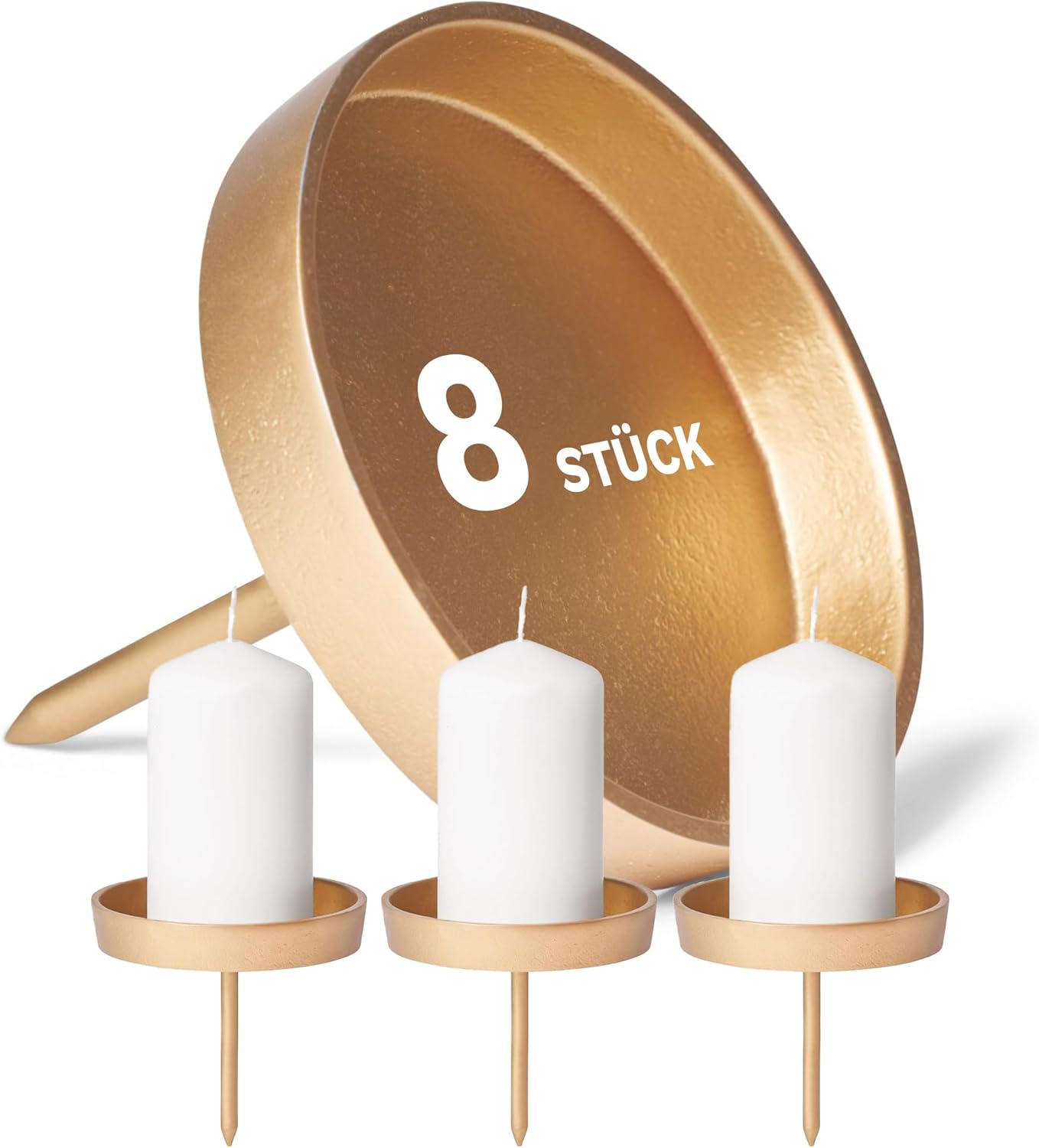 8X Kerzent&uuml;lle ohne Dorn 8 ,5cm Gold Aluminium Kerzenteller zur Dekoration Adventskranzdekor Stecken Kerzenhalter Metall rund Kerzenpick Weihnachtsdekoration Kerzenst&auml;nder 