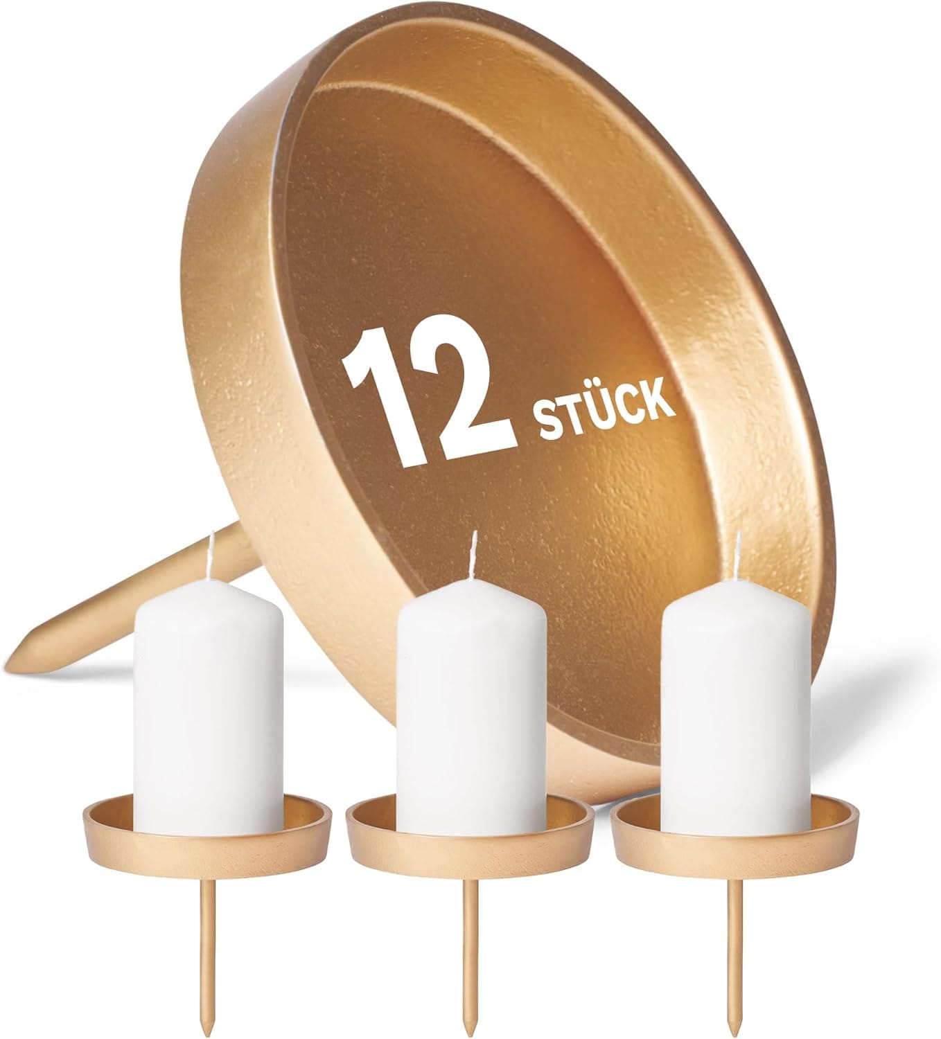 12x Kerzenpin flach ohne Dorn 8 ,5cm Gold Aluminium rund Kerzenpin Weihnachtskranz Kerzenst&auml;nder Adventskranzdeko Kerzenpick Kerzent&uuml;lle Metall rund AdventskranzKerzenteller 