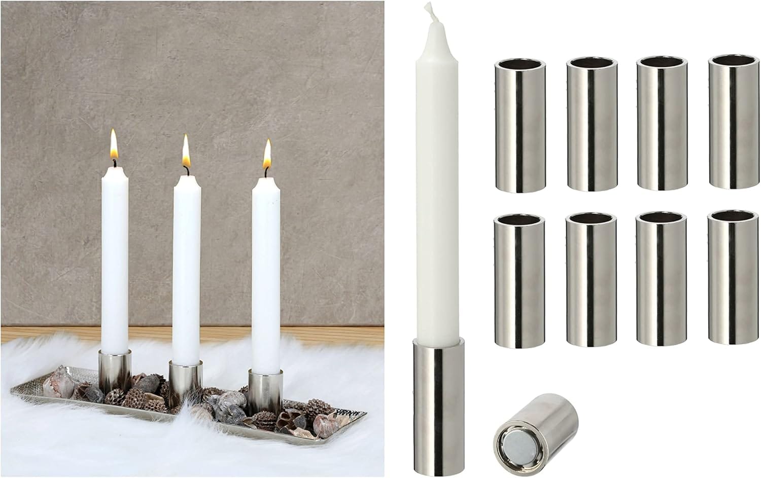 4X Kerzenst&auml;nder Stabkerzen magnetisch 2 ,5x5cm Silber Kerzenhalter weihnachtliche Tischdekoration Adventskranz Candle Holder Kerzenpick Wohnzimmerdekoration Magnet Tafelkerzen 