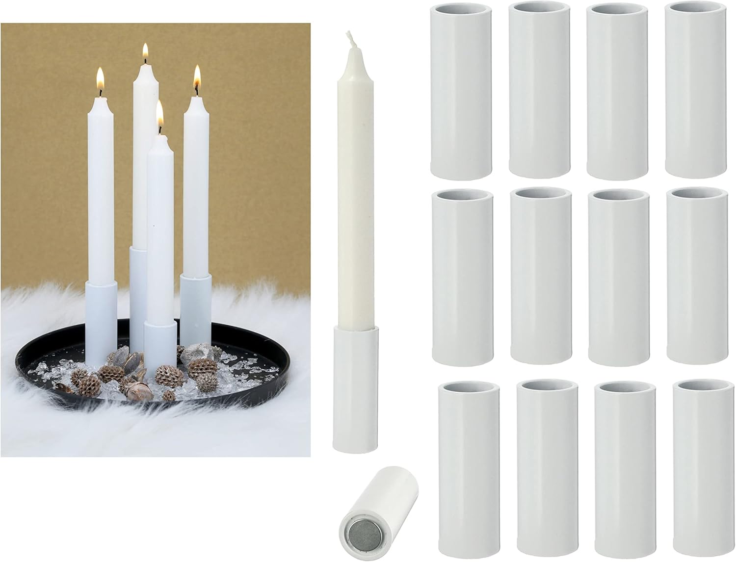 12x Stabkerzenhalter magnetisch Weiss 2 ,8x5cm Wohnzimmerdeko Weihnachten Dekotablett Stabkerzen Tischdekoration Adventskranz Candle Holder Kerzenst&auml;nder Magnet Kerzenhalter Tafelkerzen 